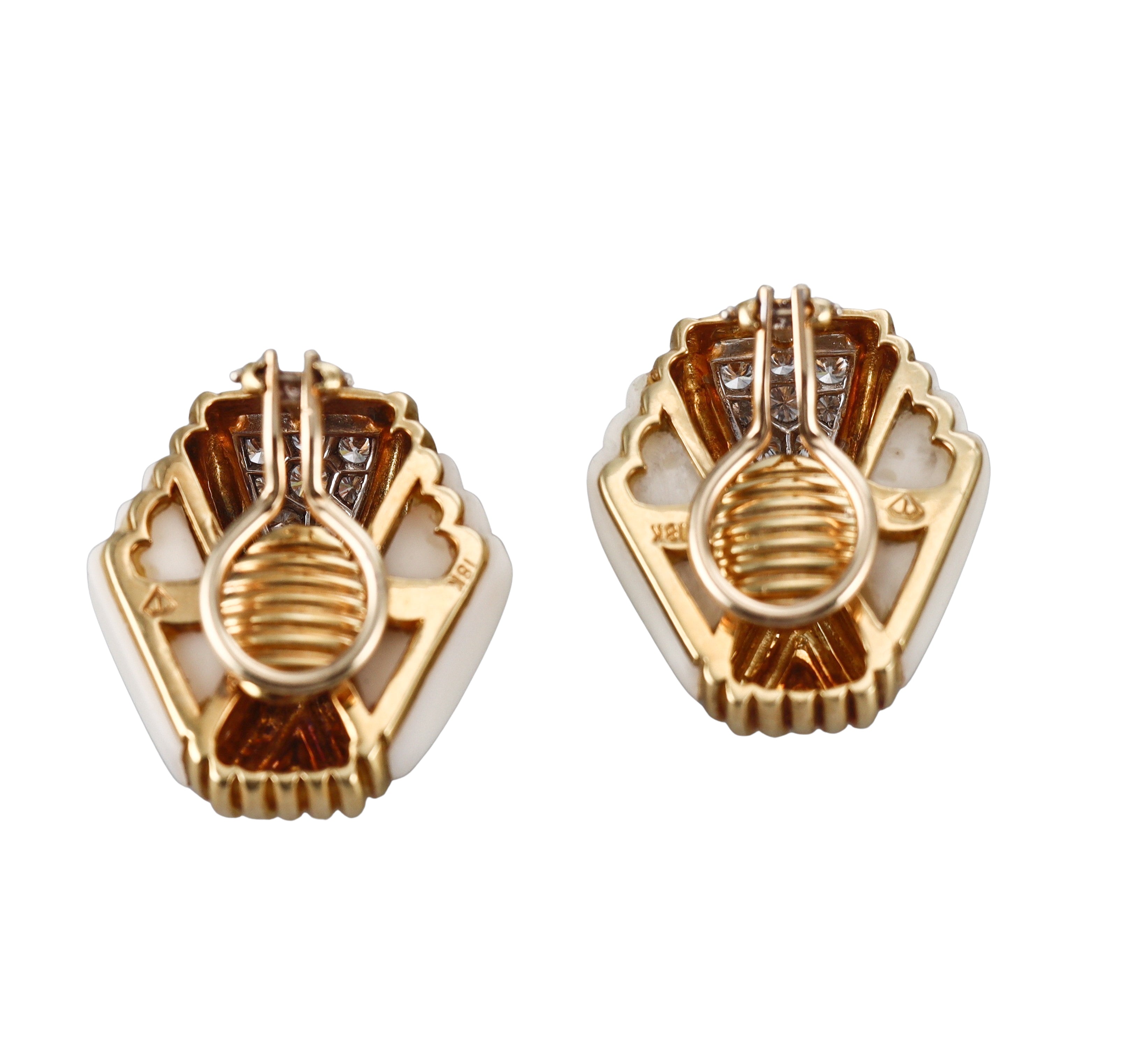 1980s White Coral Diamond Gold Earrings