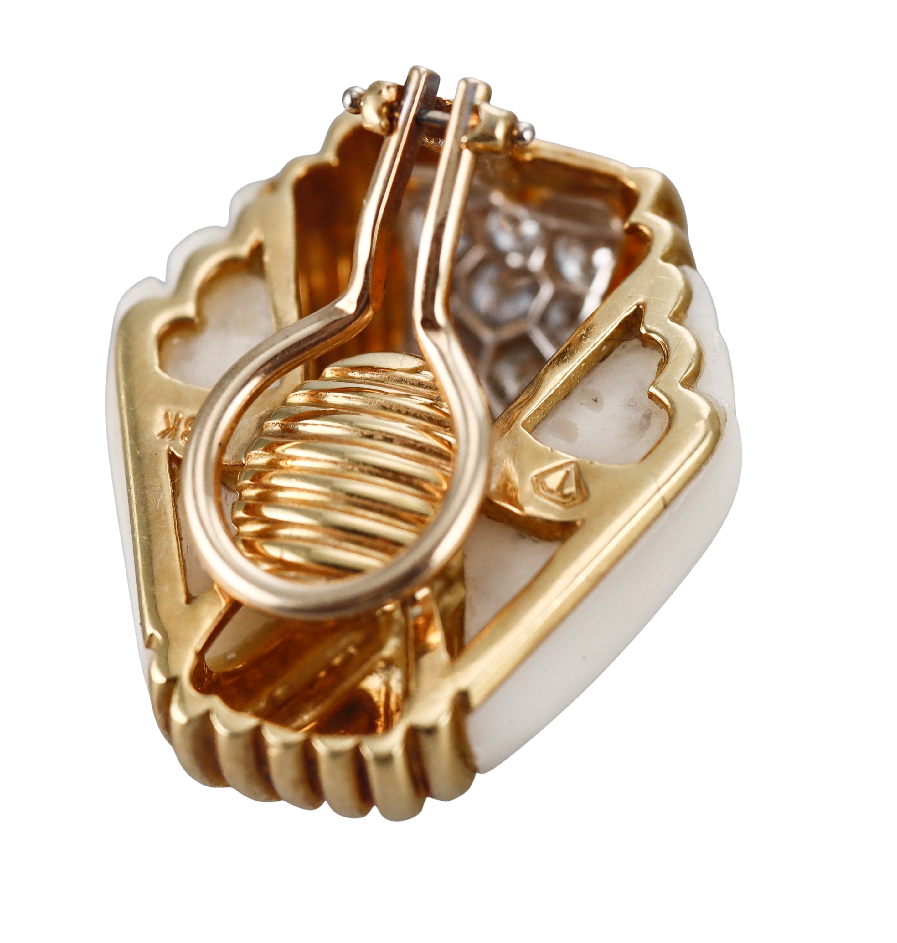 1980s White Coral Diamond Gold Earrings