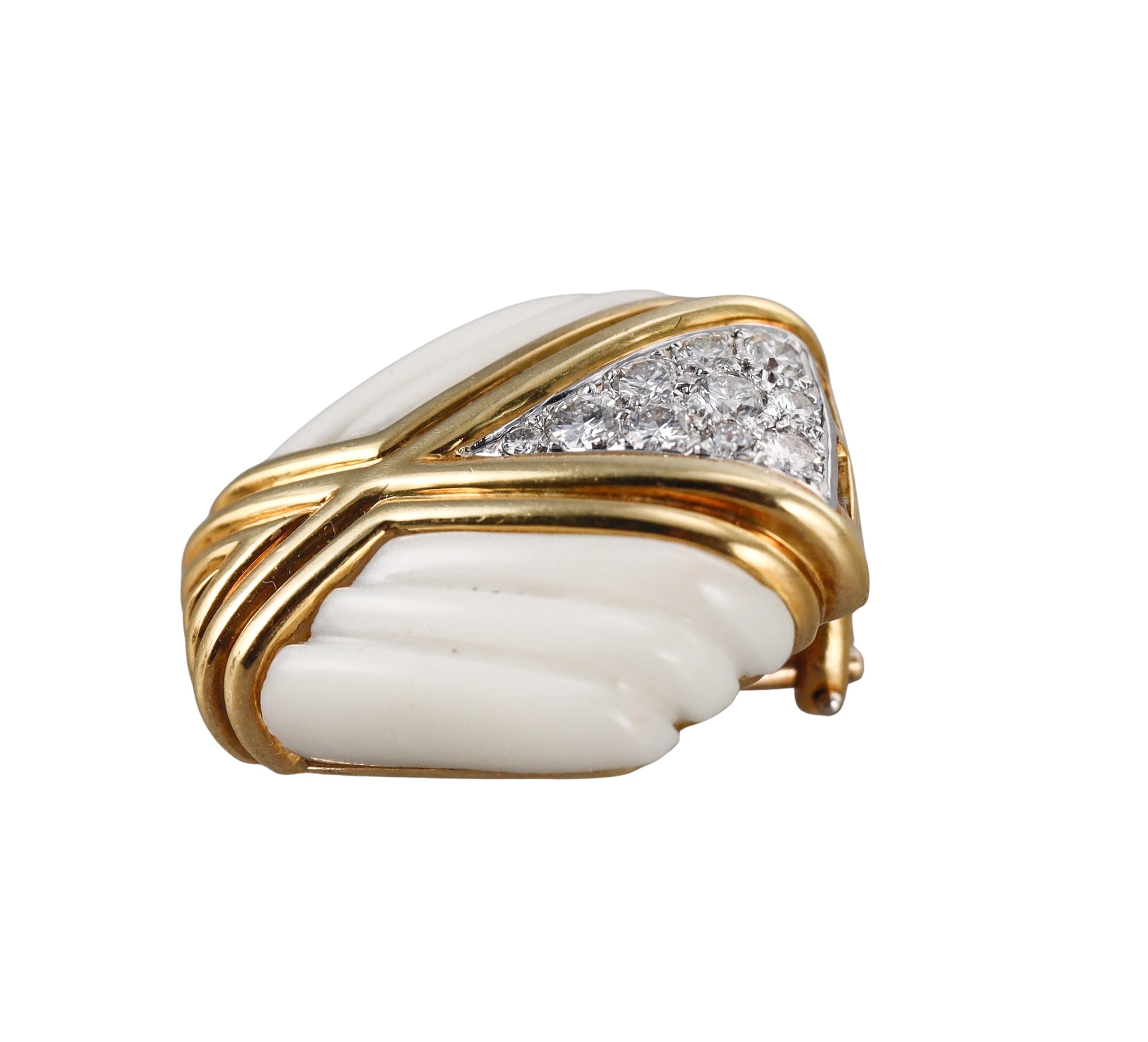 1980s White Coral Diamond Gold Earrings