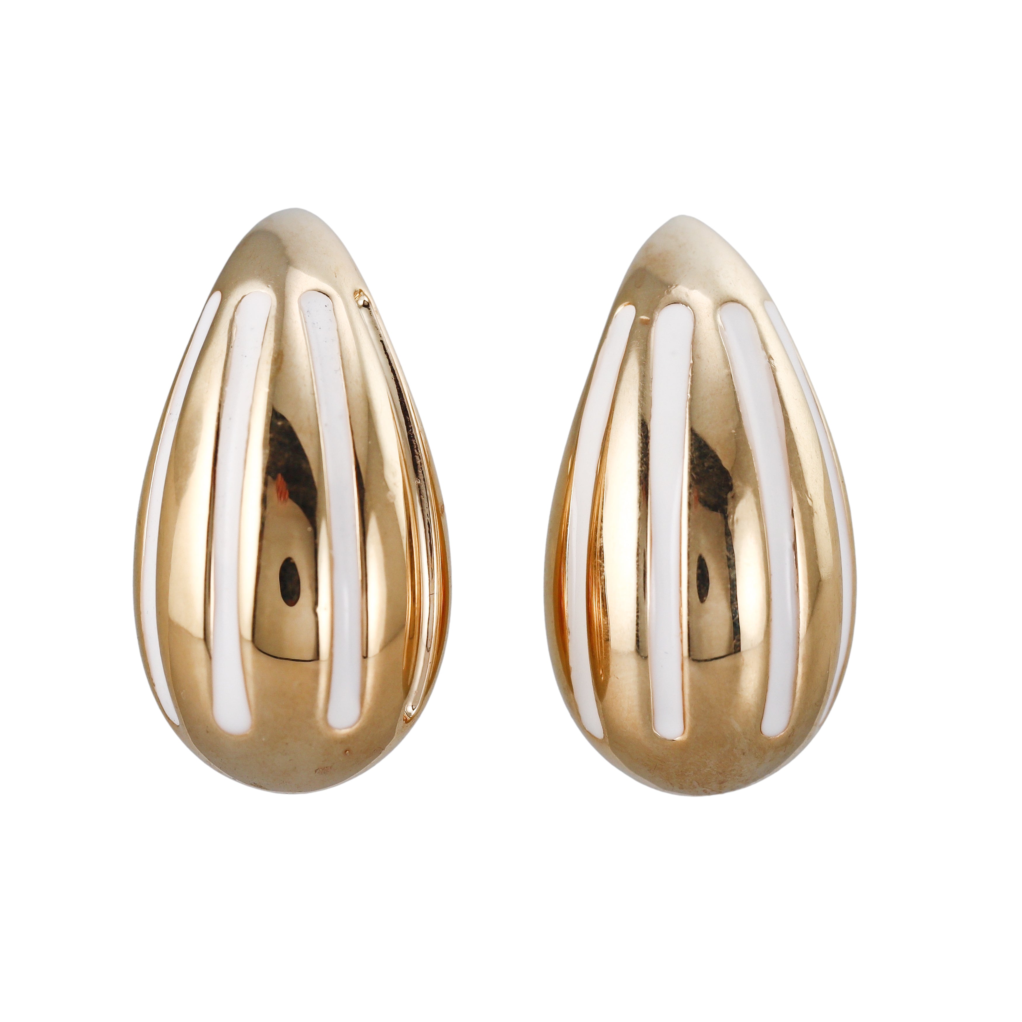 Yellow Gold White Stripe Enamel Large Teardrop Earrings