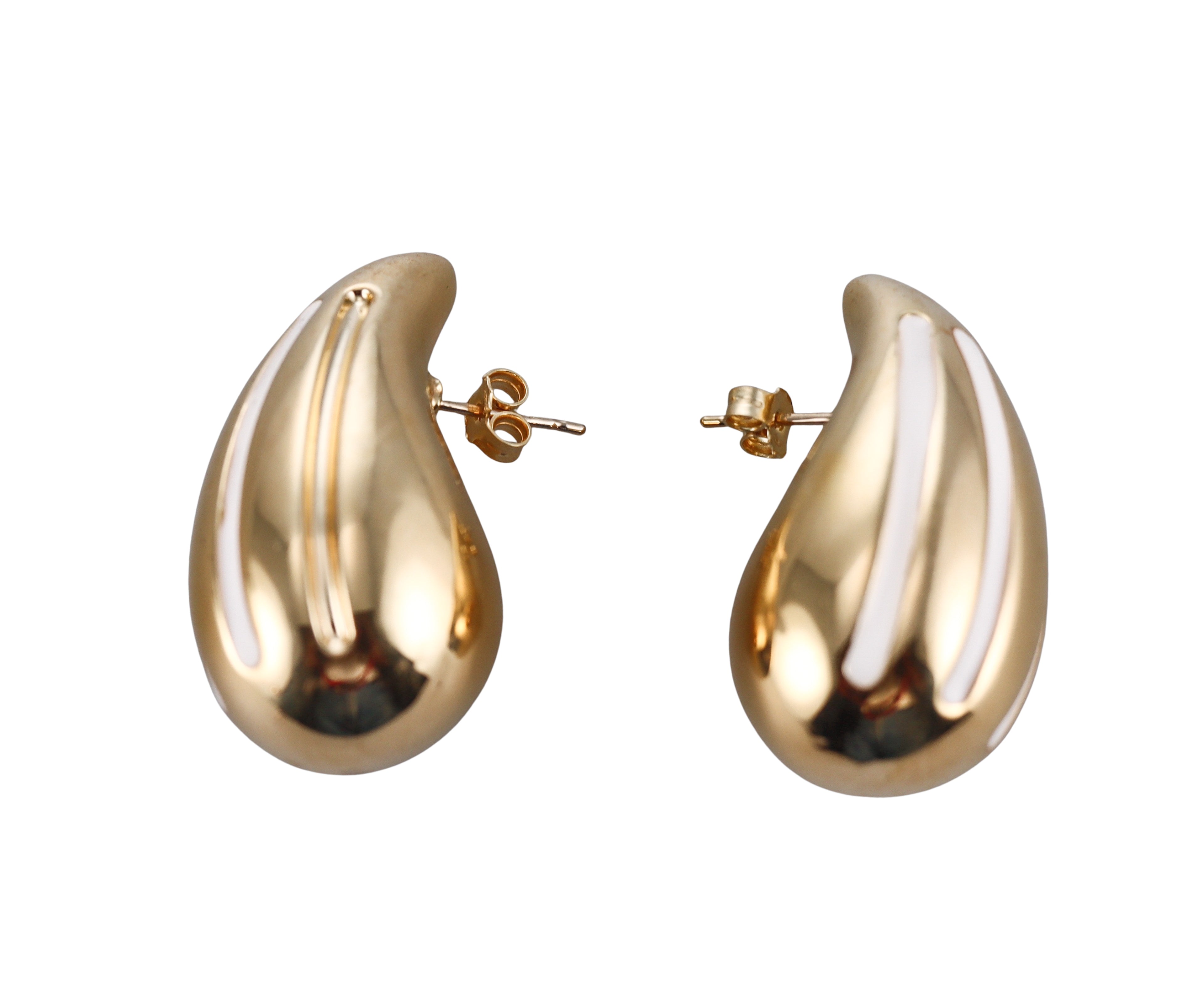 Yellow Gold White Stripe Enamel Large Teardrop Earrings