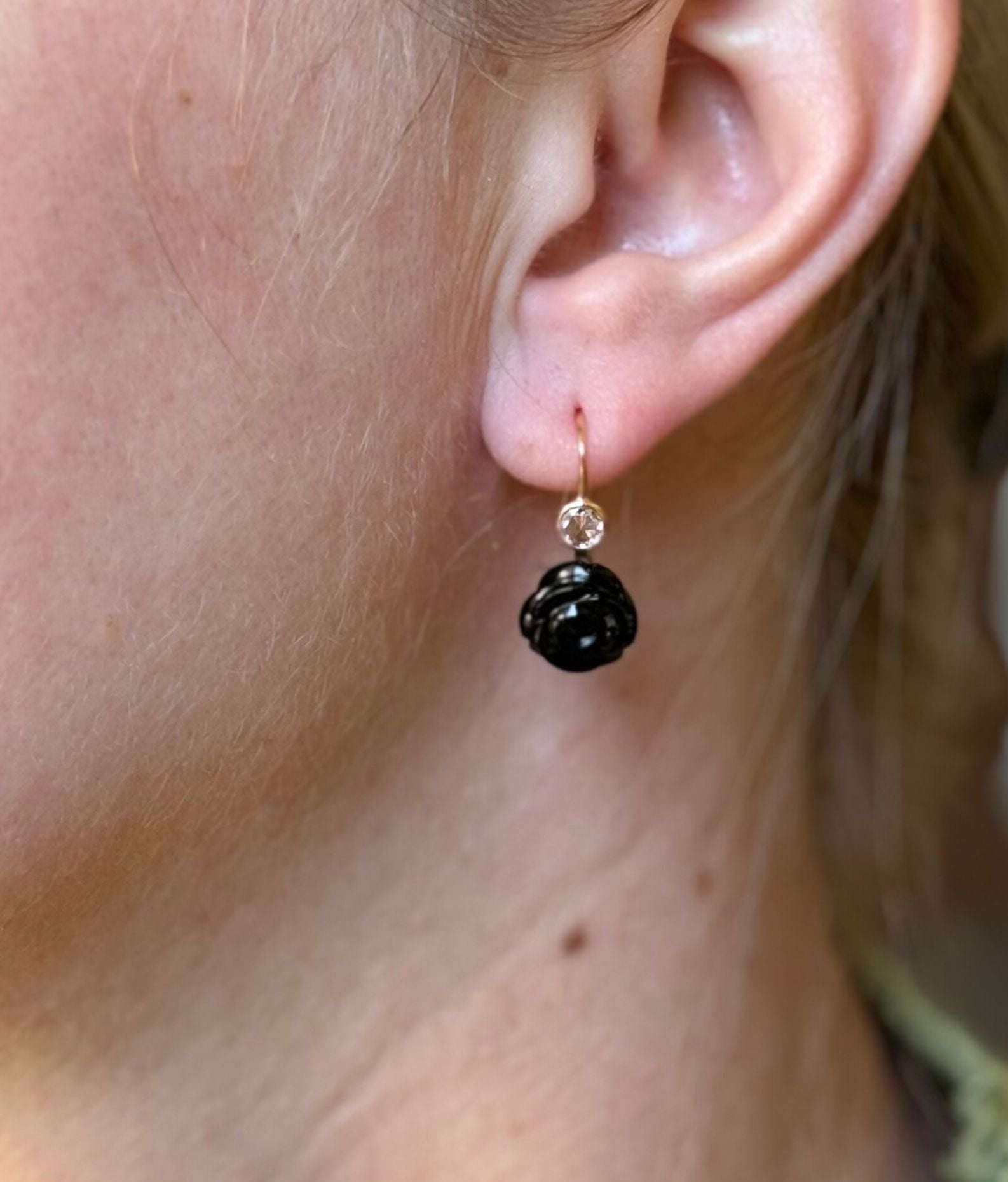 Mimi Milano Grace Black Agate Rose Cut Diamond Gold Earrings