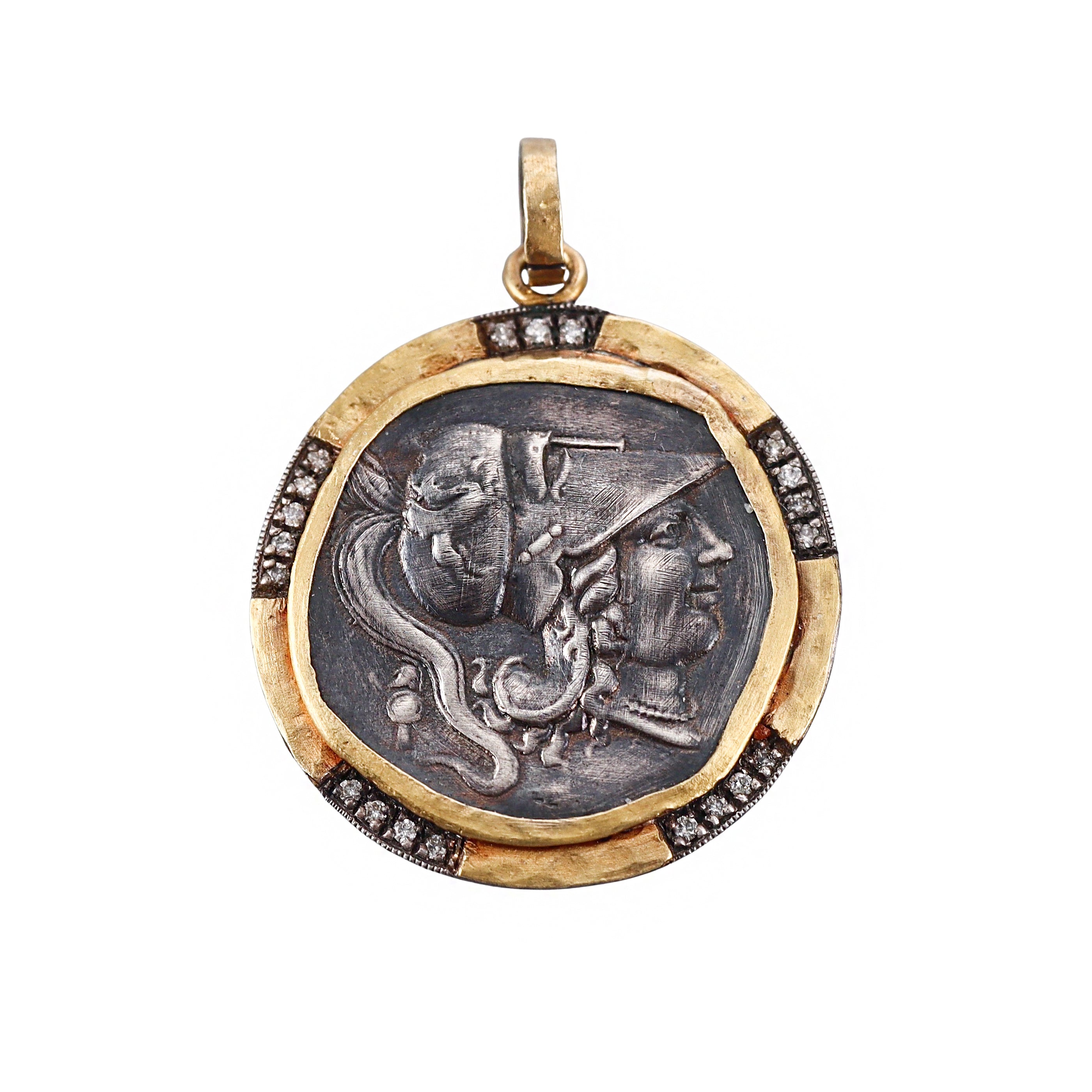 Ancient Inspired Gold Silver Diamond Athena Byzantine Coin Pendant