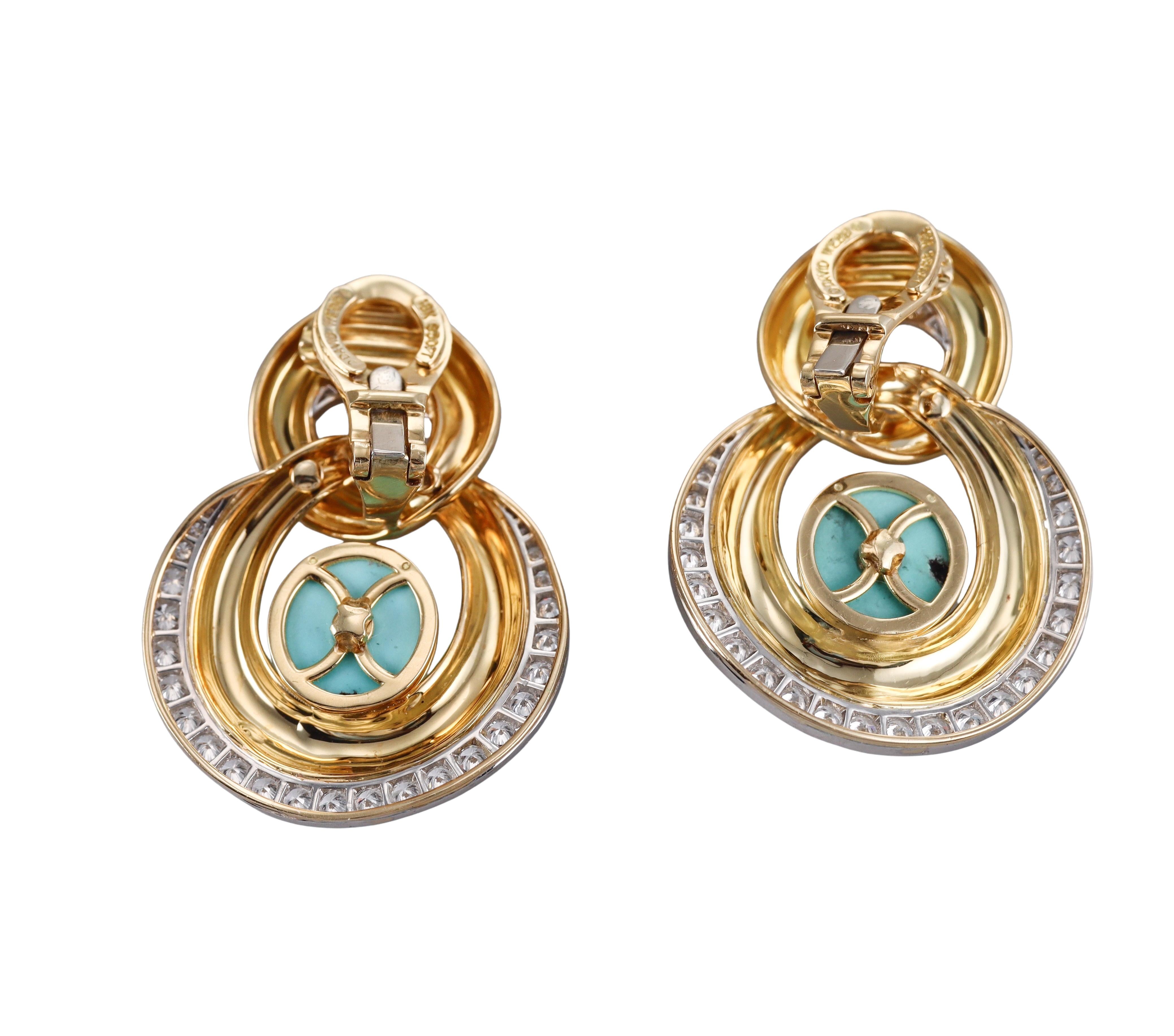 David Webb Turquoise Diamond Gold Platinum Oyster Earrings