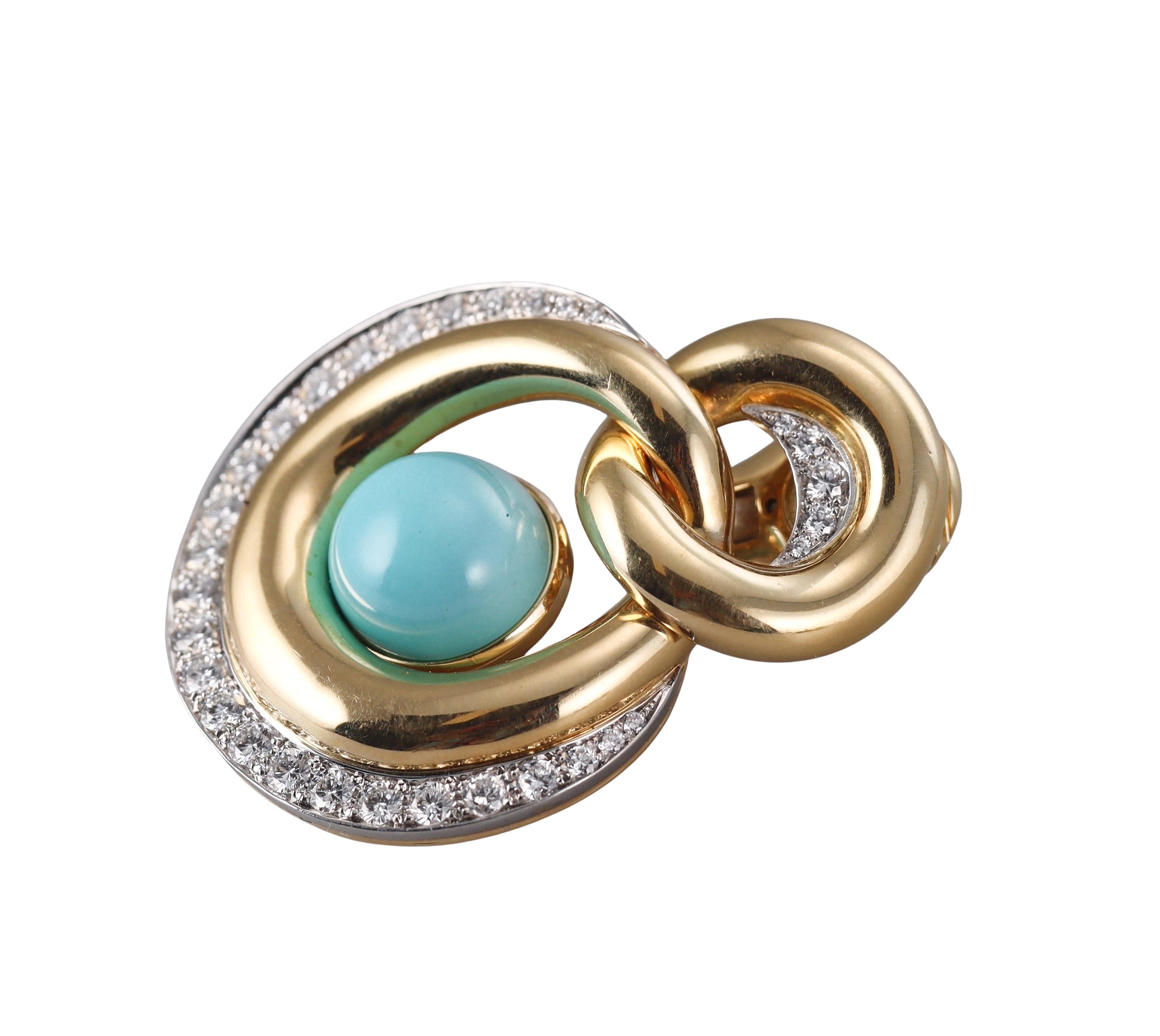 David Webb Turquoise Diamond Gold Platinum Oyster Earrings