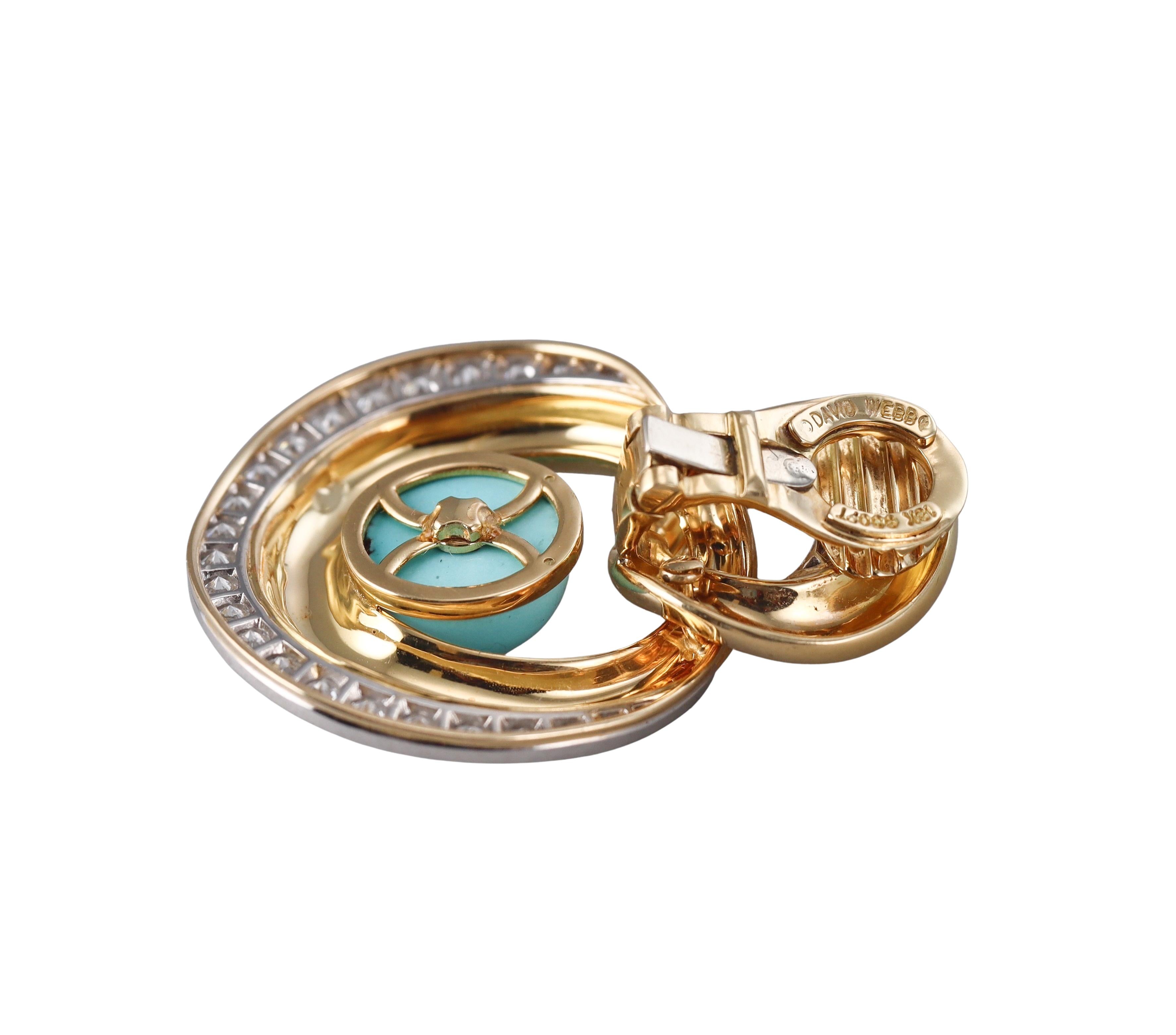 David Webb Turquoise Diamond Gold Platinum Oyster Earrings