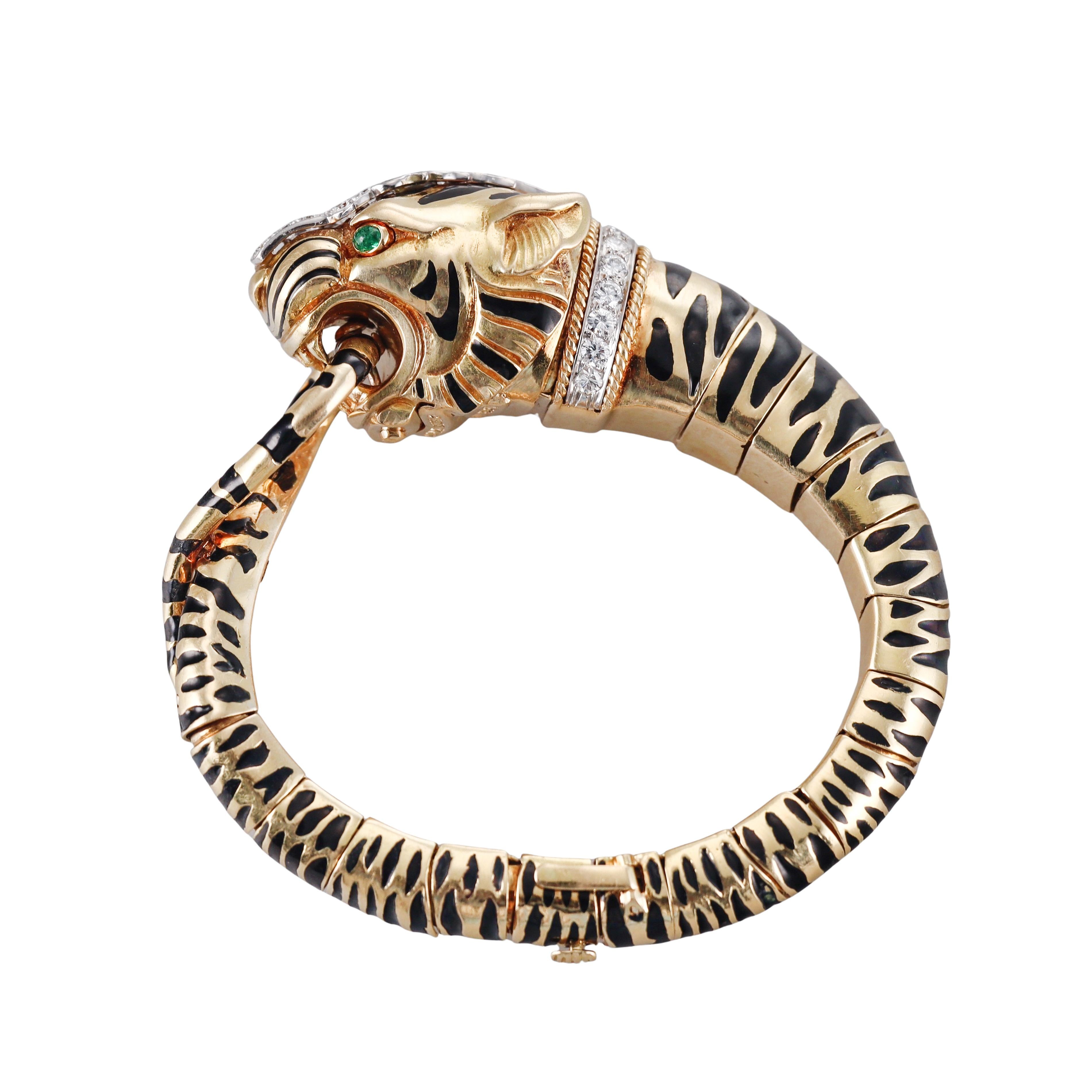 David Webb Diamond Emerald Gold Platinum Enamel Tiger Bracelet