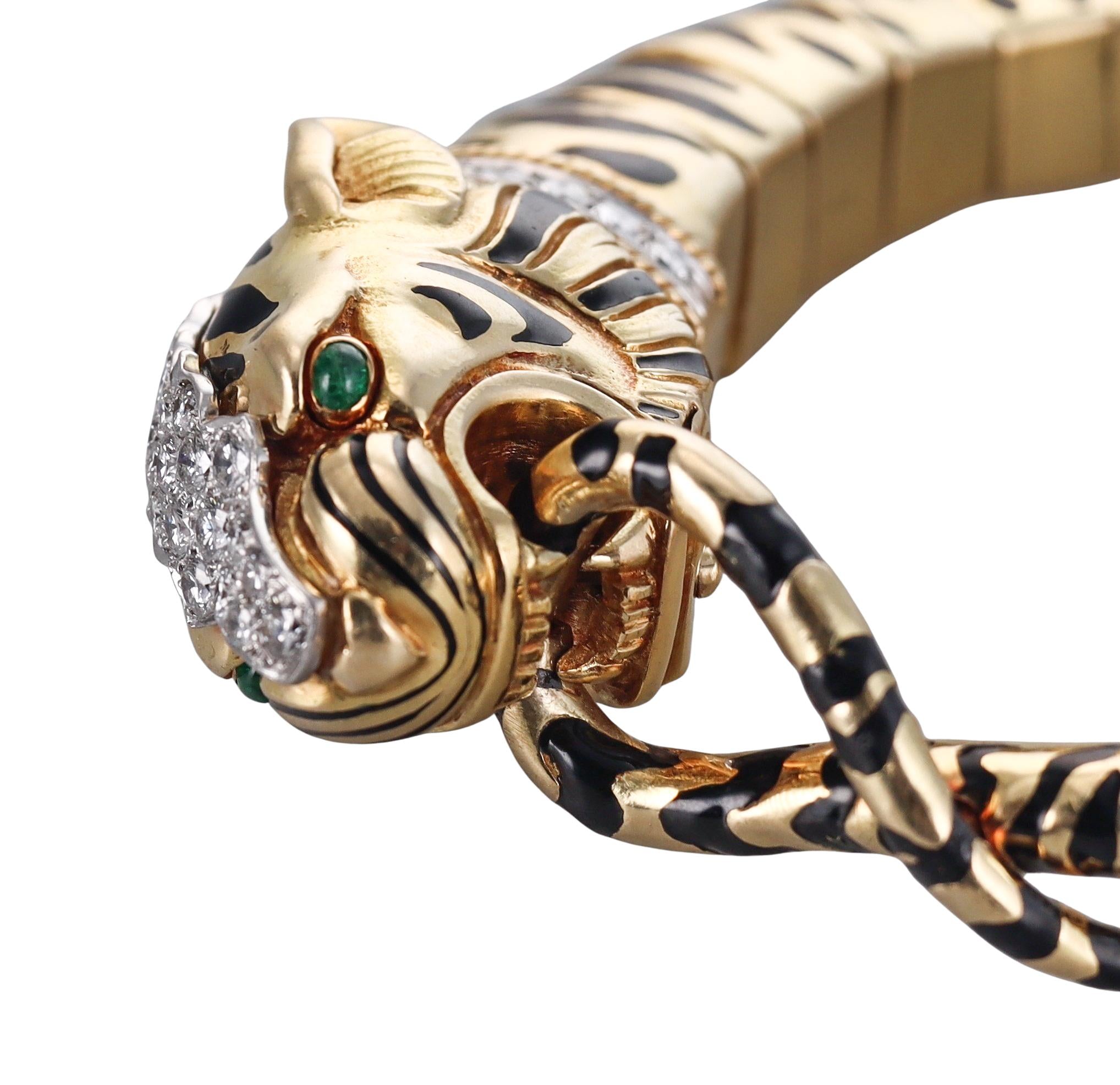 David Webb Diamond Emerald Gold Platinum Enamel Tiger Bracelet