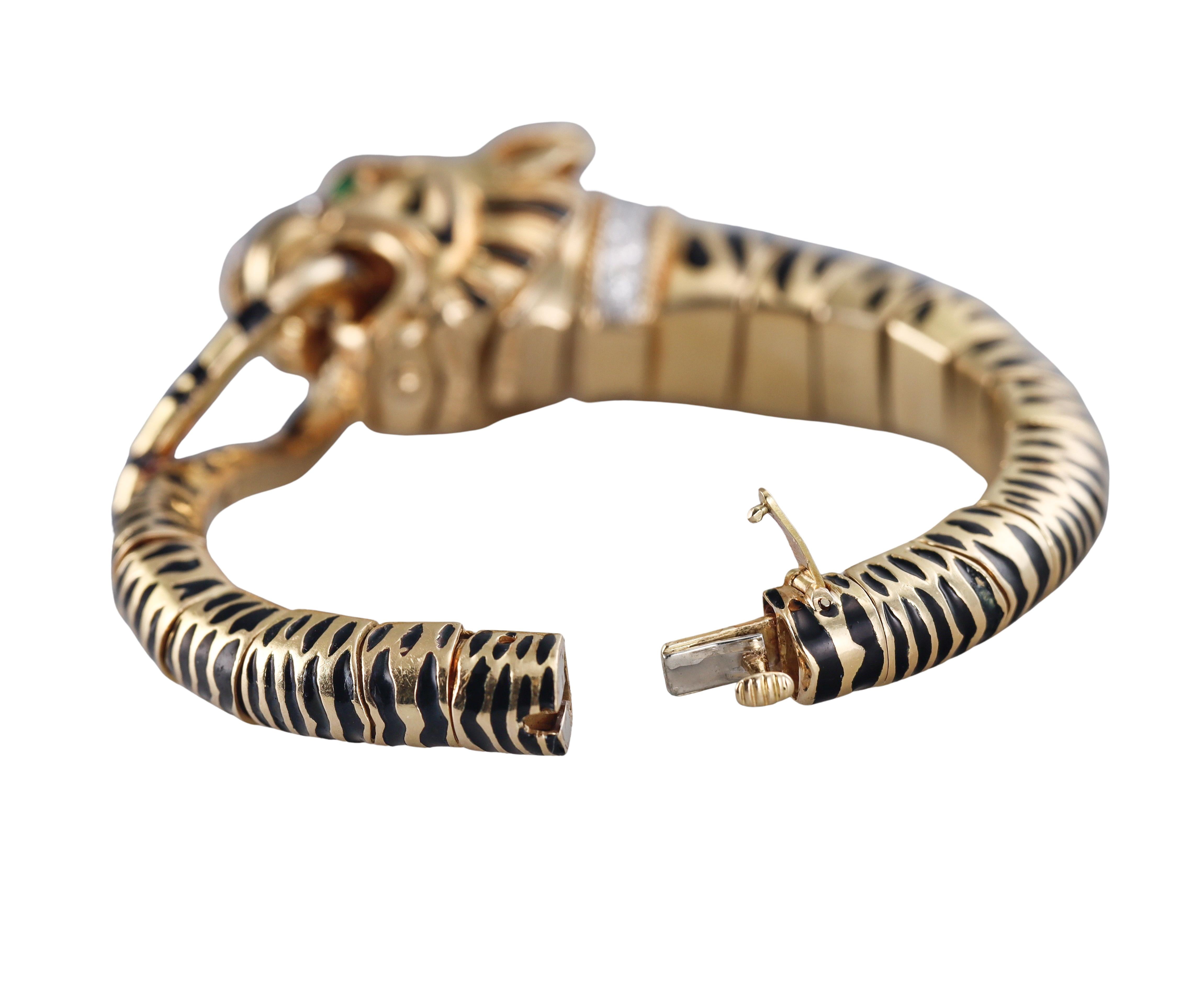 David Webb Diamond Emerald Gold Platinum Enamel Tiger Bracelet