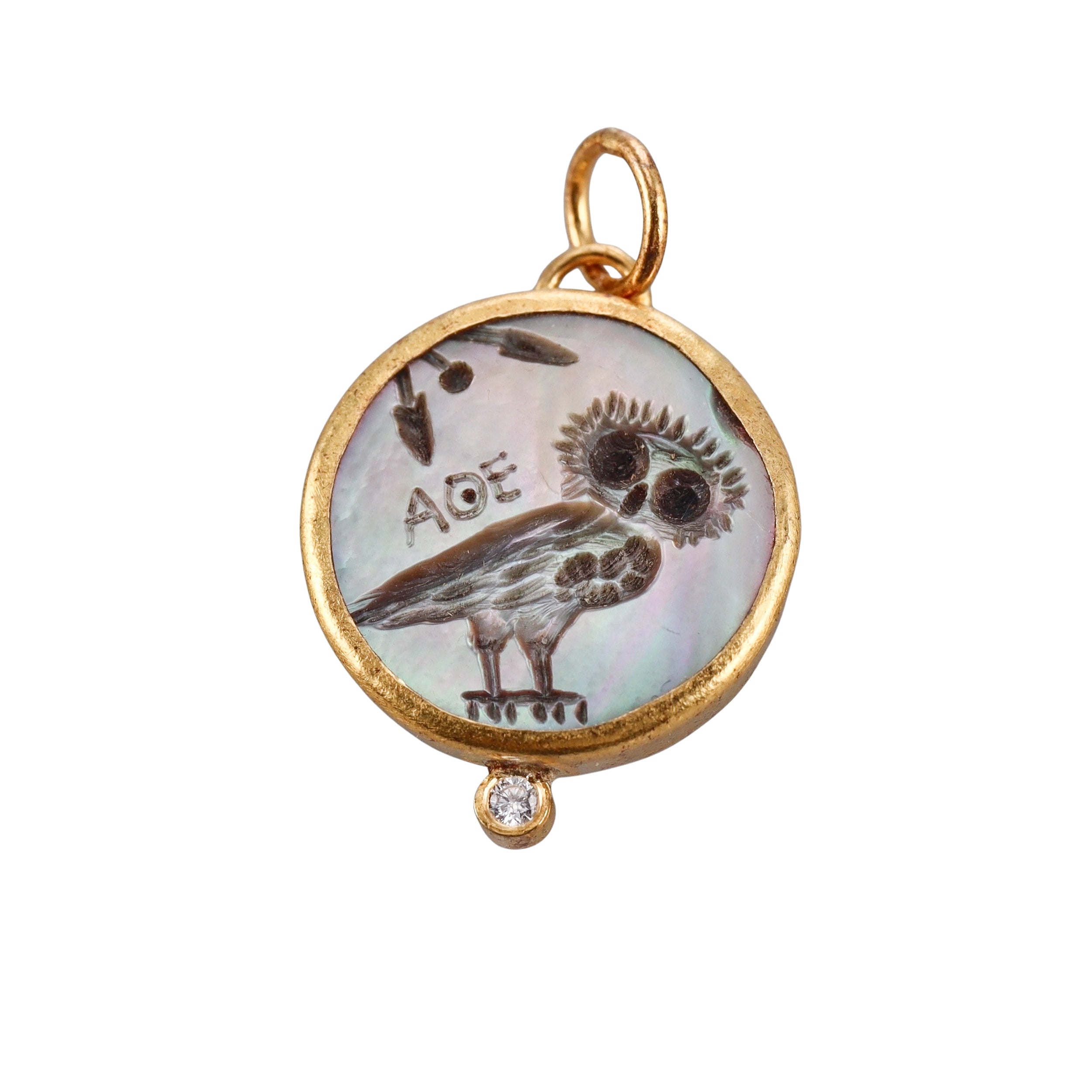 Ancient Inspired Gold Silver Diamond Mother of Pearl Athena's Owl Pendant
