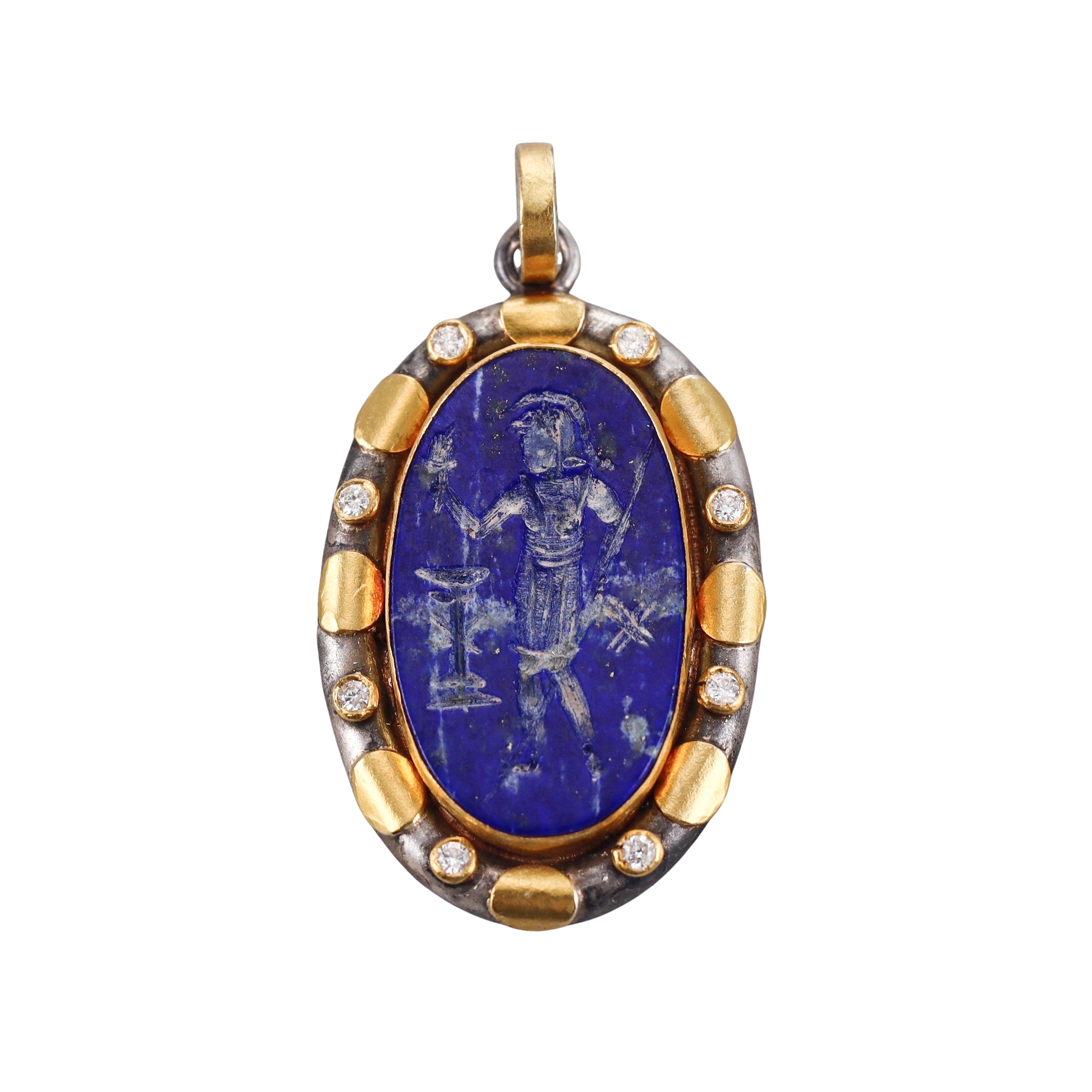 Ancient Inspired Gold Silver Diamond Lapis Intaglio Roman Pendant