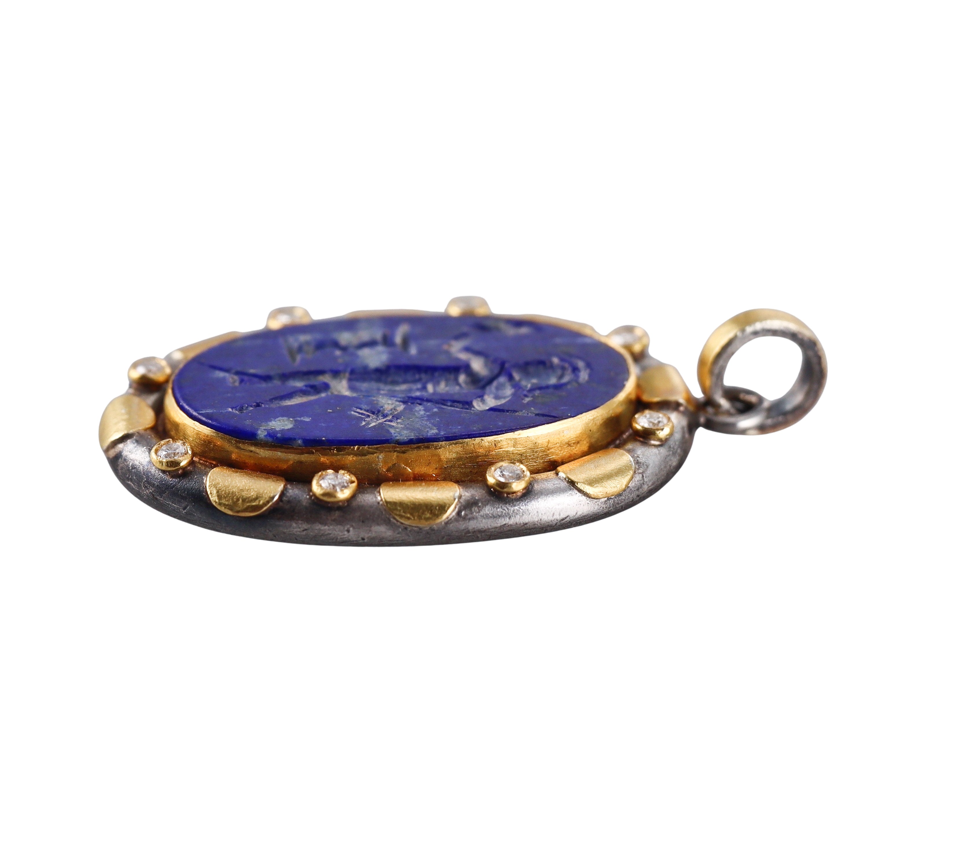 Ancient Inspired Gold Silver Diamond Lapis Intaglio Roman Pendant