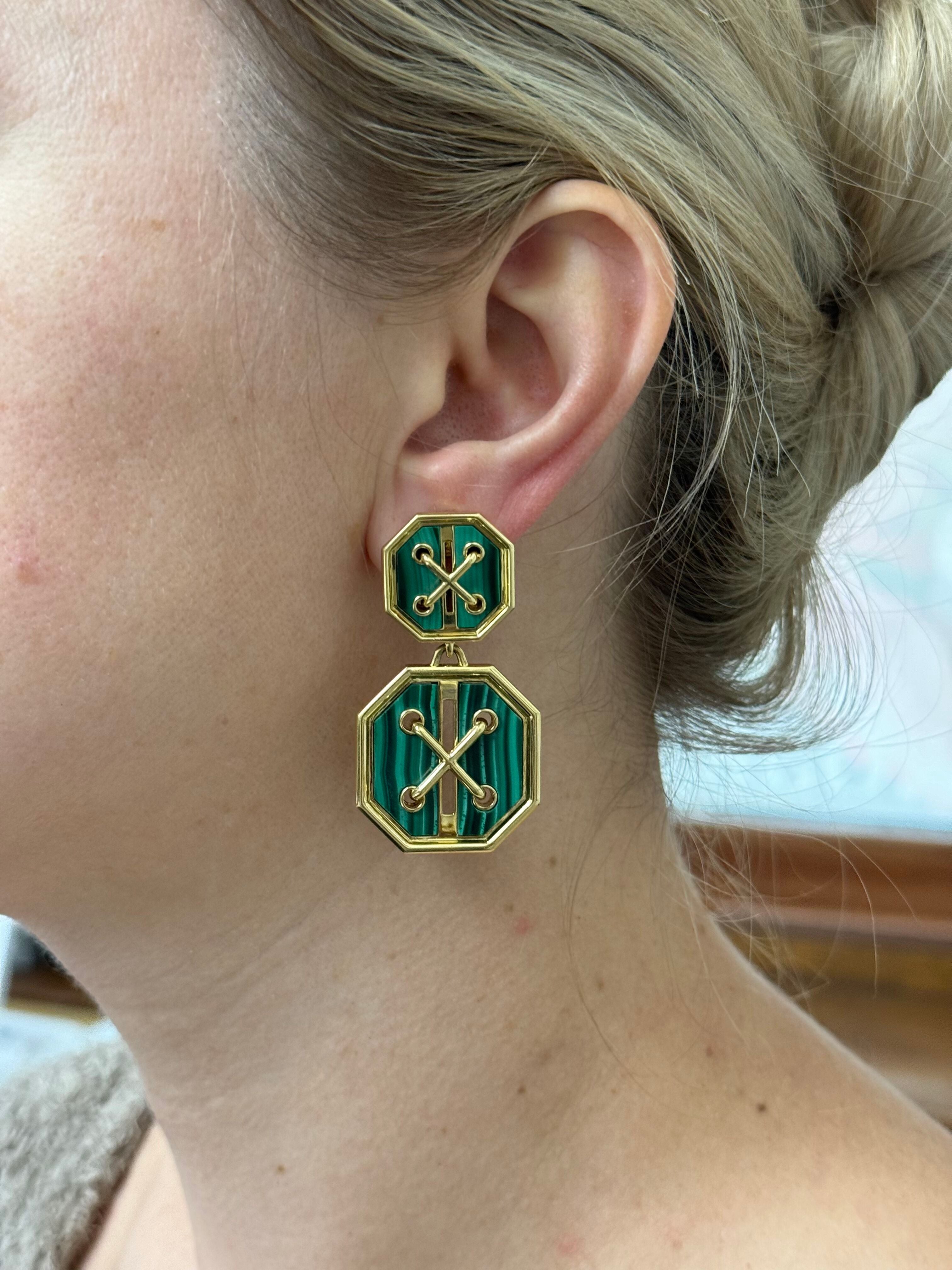 David Webb Malachite Yellow Gold Cross Stitch Earrings