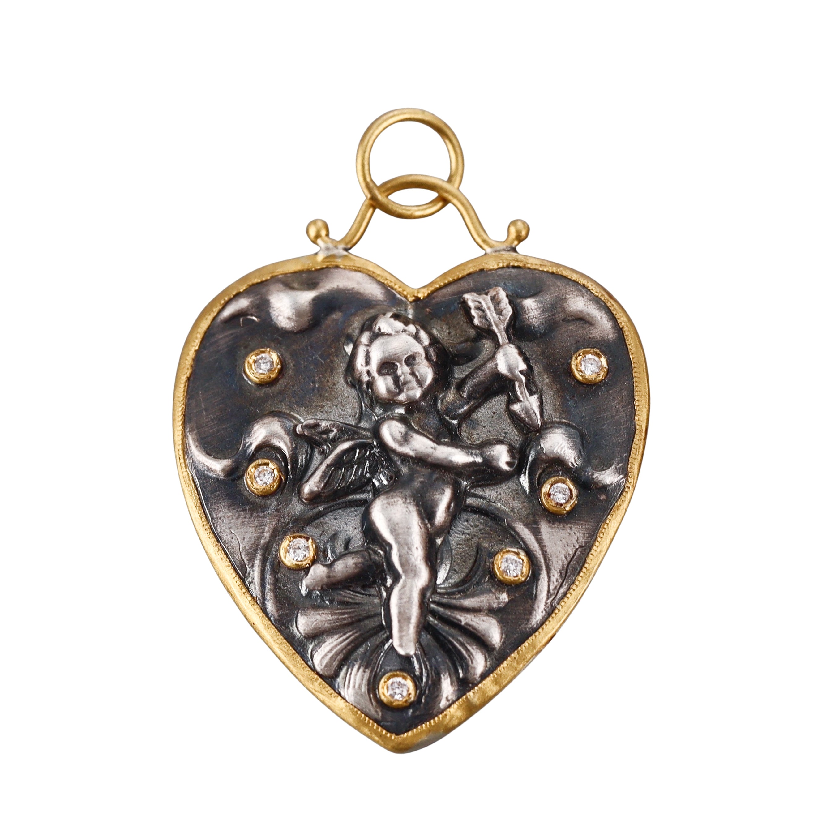 Ancient Inspired Gold Silver Diamond Cupid Heart Pendant
