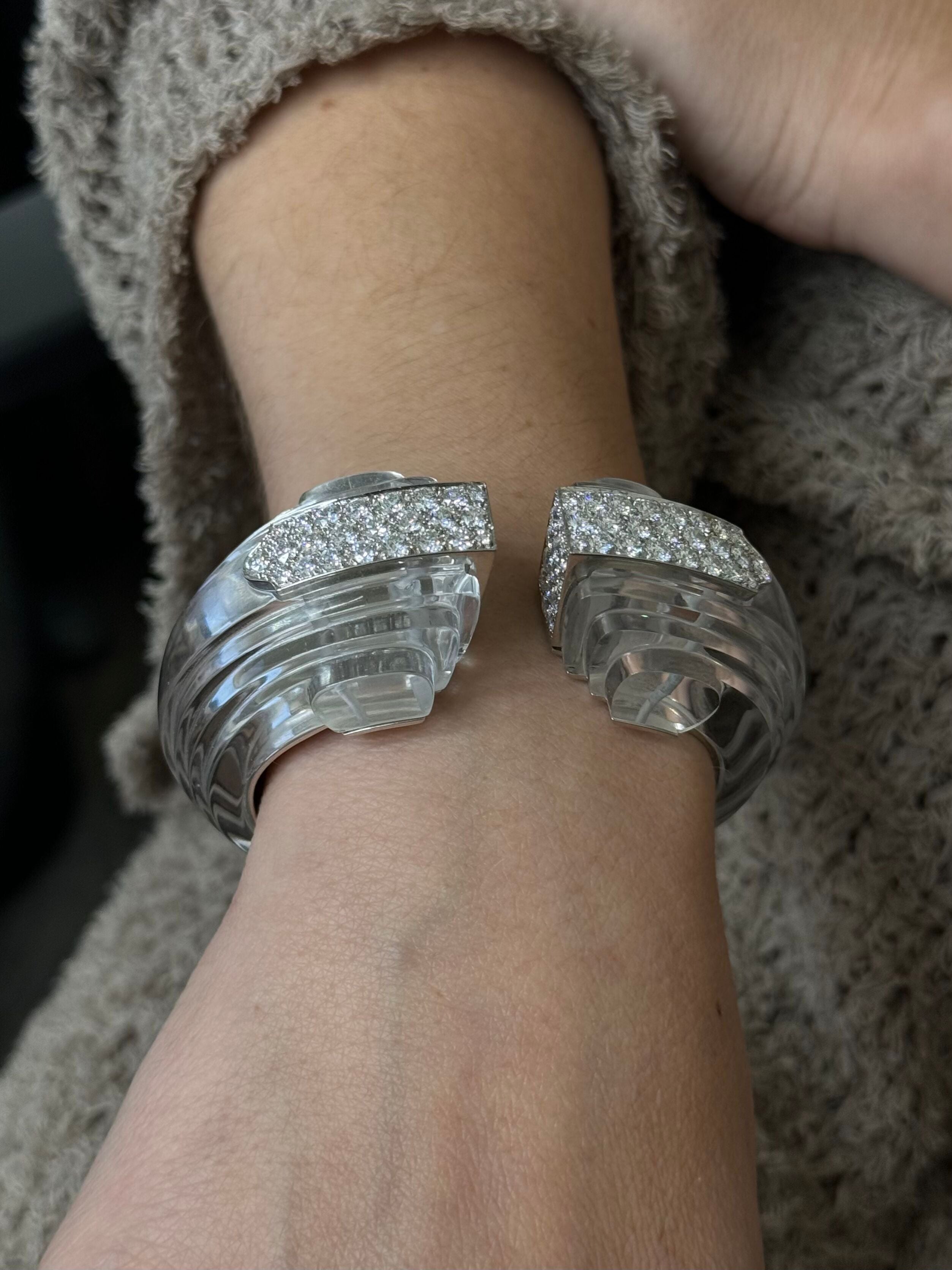 David Webb Crystal Diamond Gold Platinum Step Cuff Bracelet