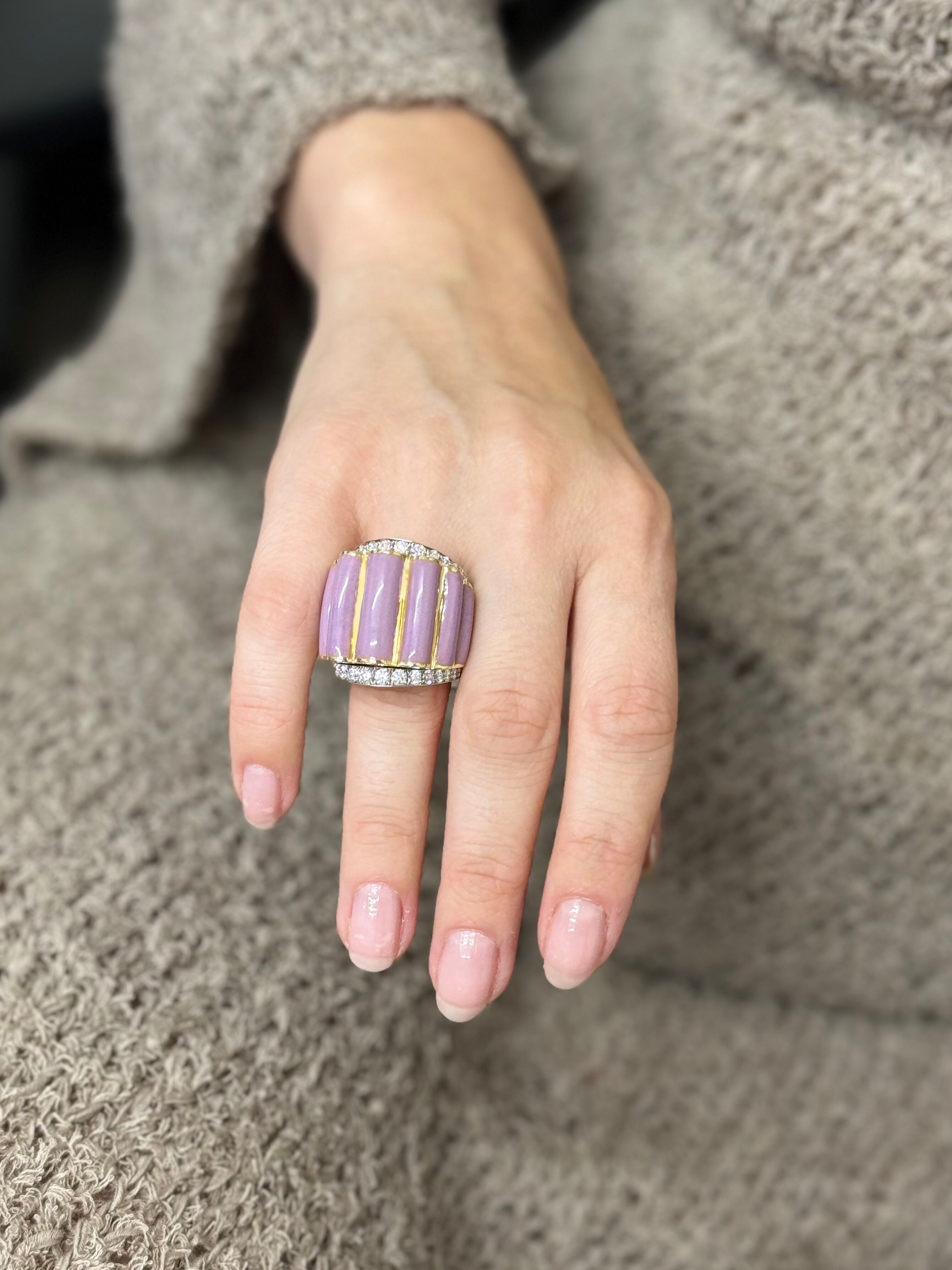 David Webb Pink Enamel Diamond Gold Platinum Scallop Ring