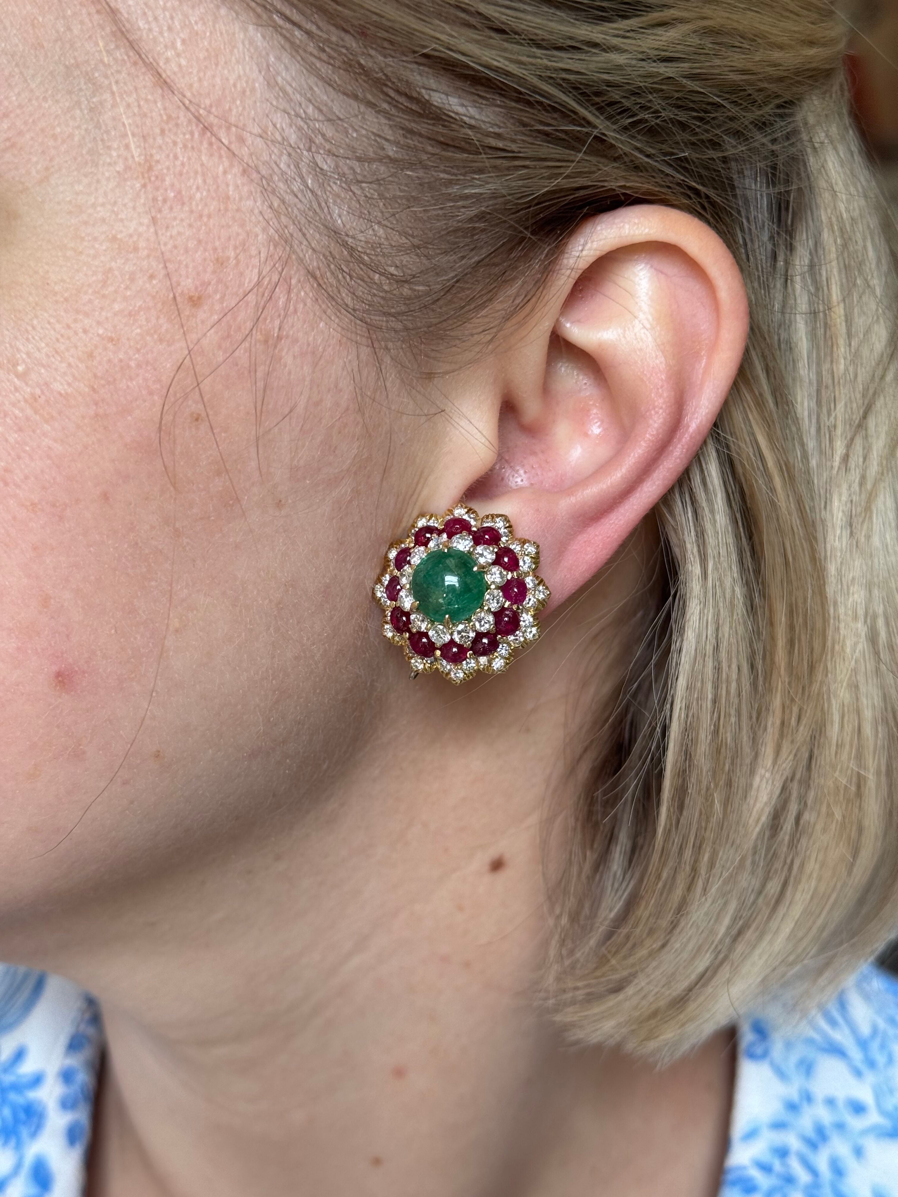 David Webb Diamond Ruby Emerald Gold Night & Day Earrings