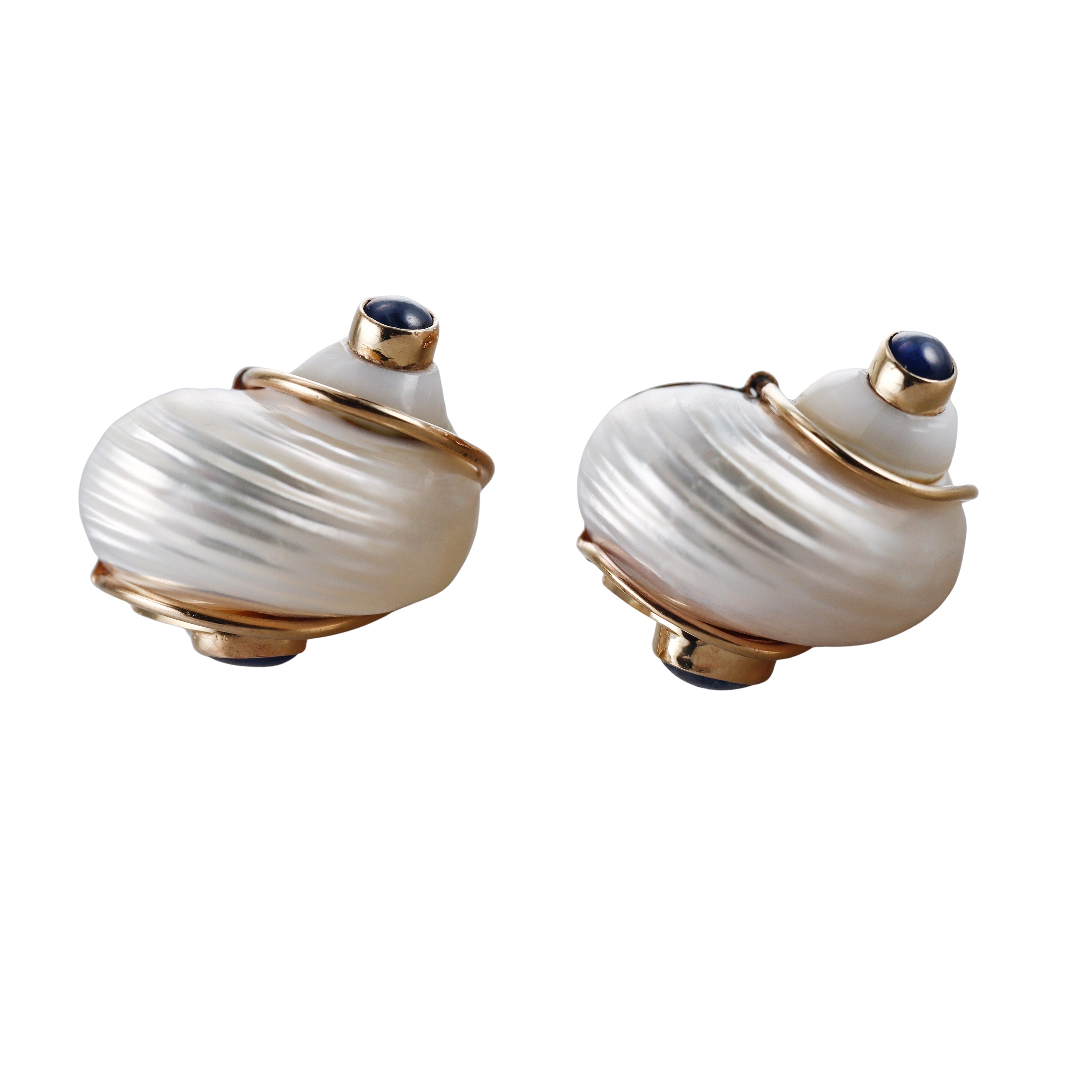 Seaman Schepps Vintage Sapphire Turbo Shell Gold Earrings