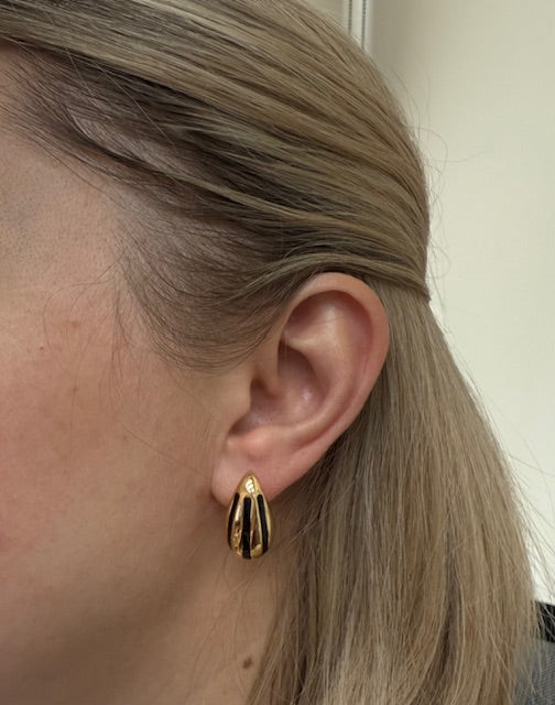 Yellow Gold Black Stripe Enamel Medium Teardrop Earrings