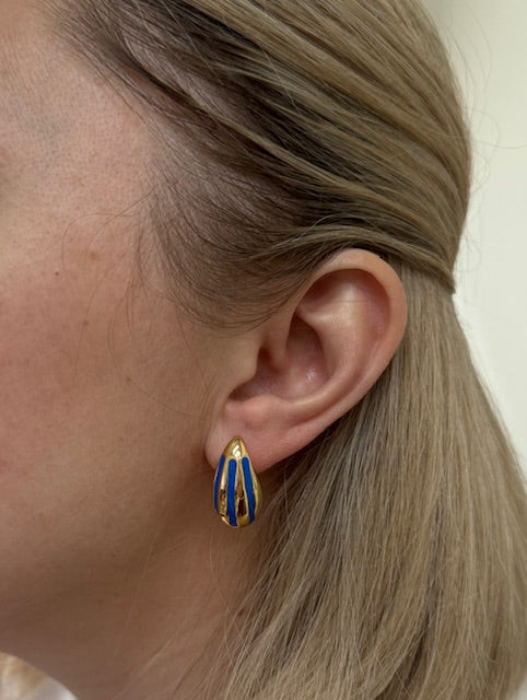 Yellow Gold Blue Stripe Enamel Medium Teardrop Earrings