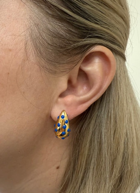 Yellow Gold Blue Polka Dot Enamel Medium Teardrop Earrings