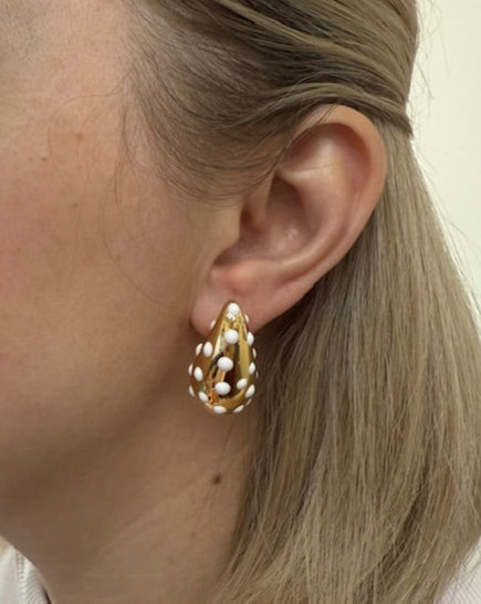 Yellow Gold White Polka Dot Enamel Large Teardrop Earrings