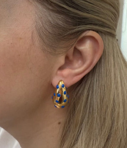 Yellow Gold Blue Polka Dot Enamel Large Teardrop Earrings