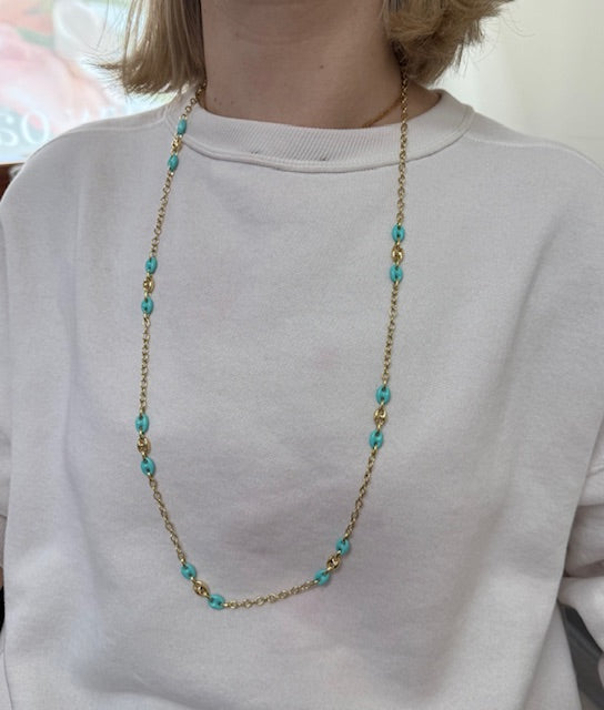 Yellow Gold Blue Enamel Long Station Necklace
