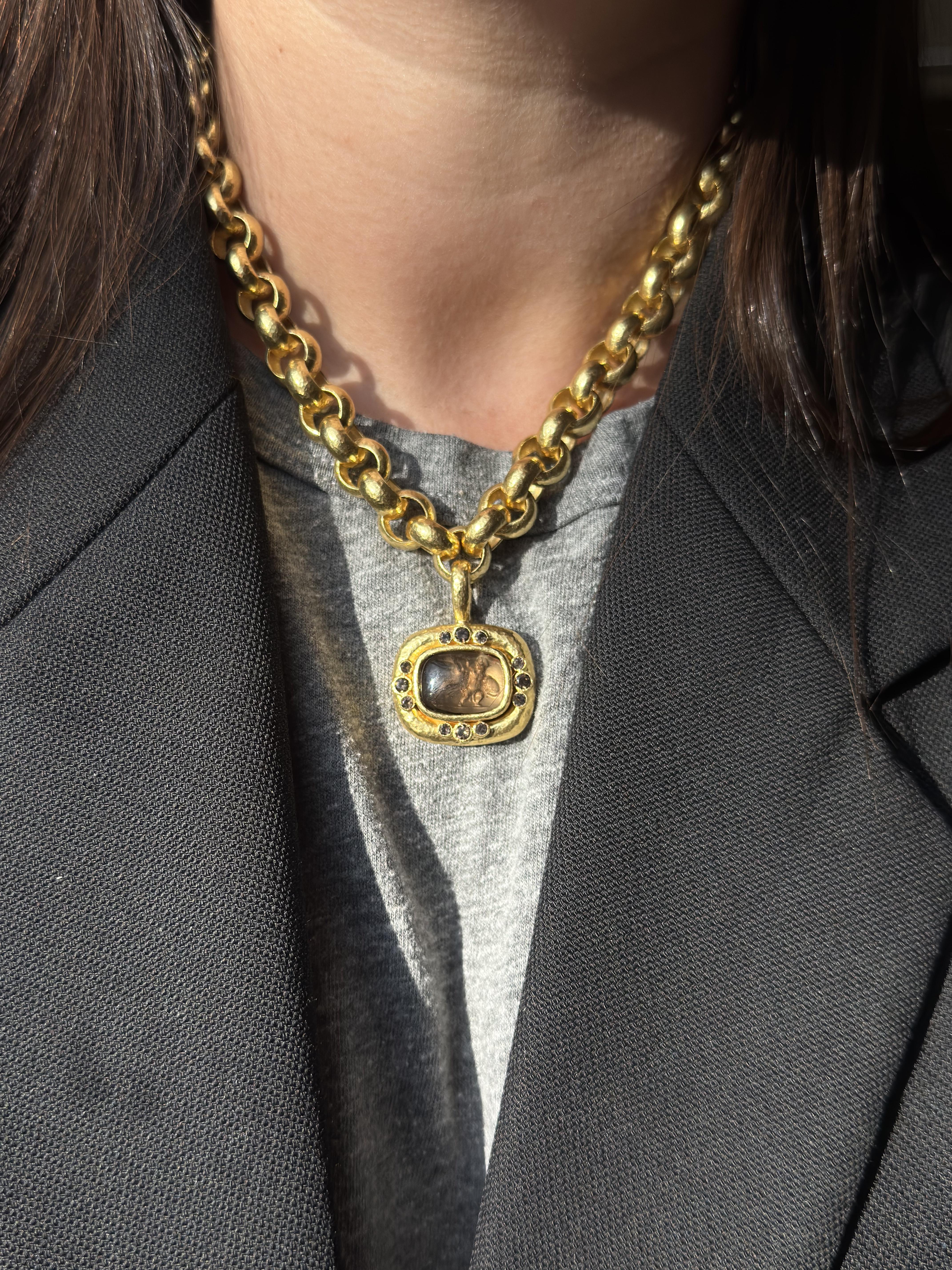 Elizabeth Locke Smokey Topaz Mother of Pearl Intaglio Gold Pendant