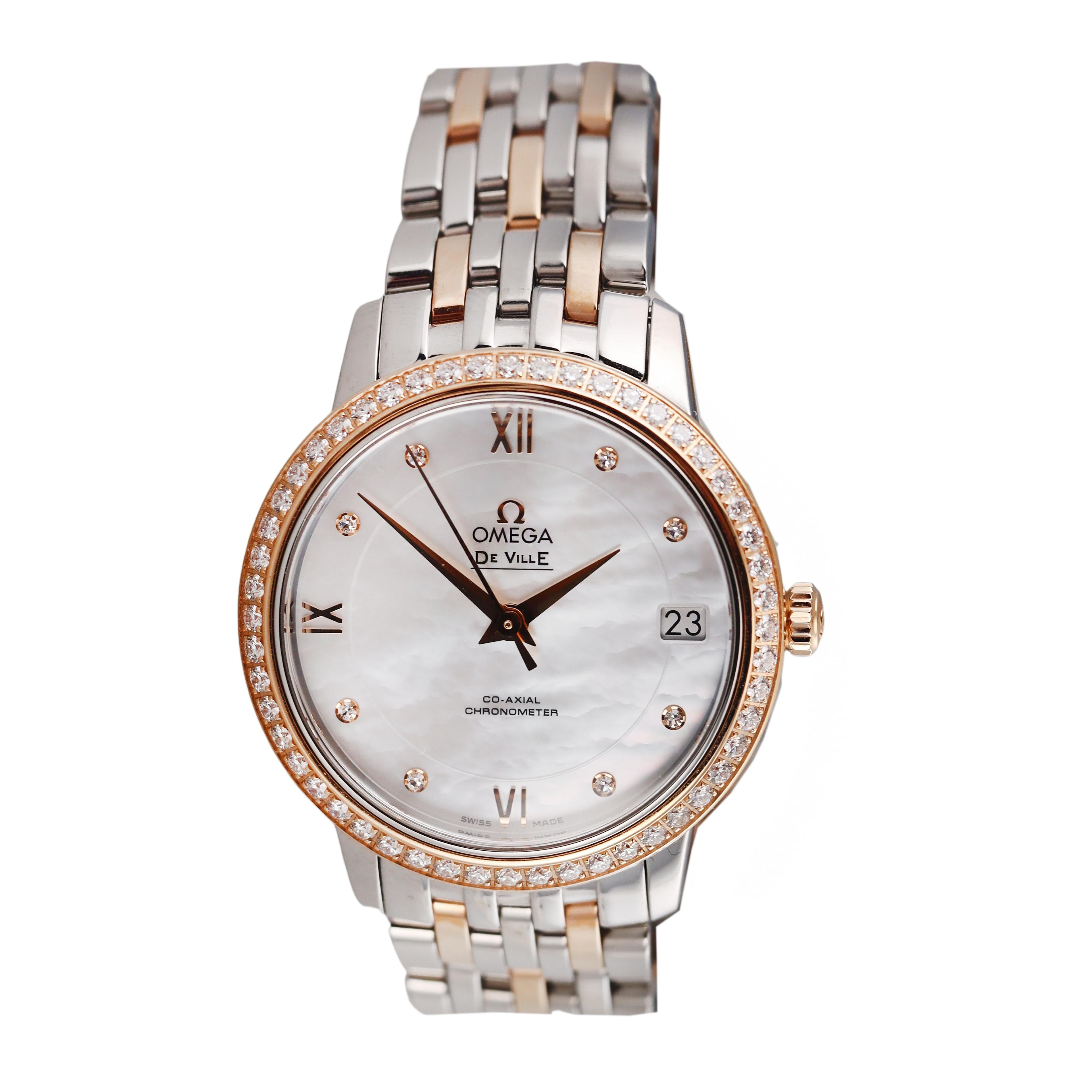 Omega Prestige De Ville Rose Gold Steel Diamond MOP Ladies Watch 42425332055002