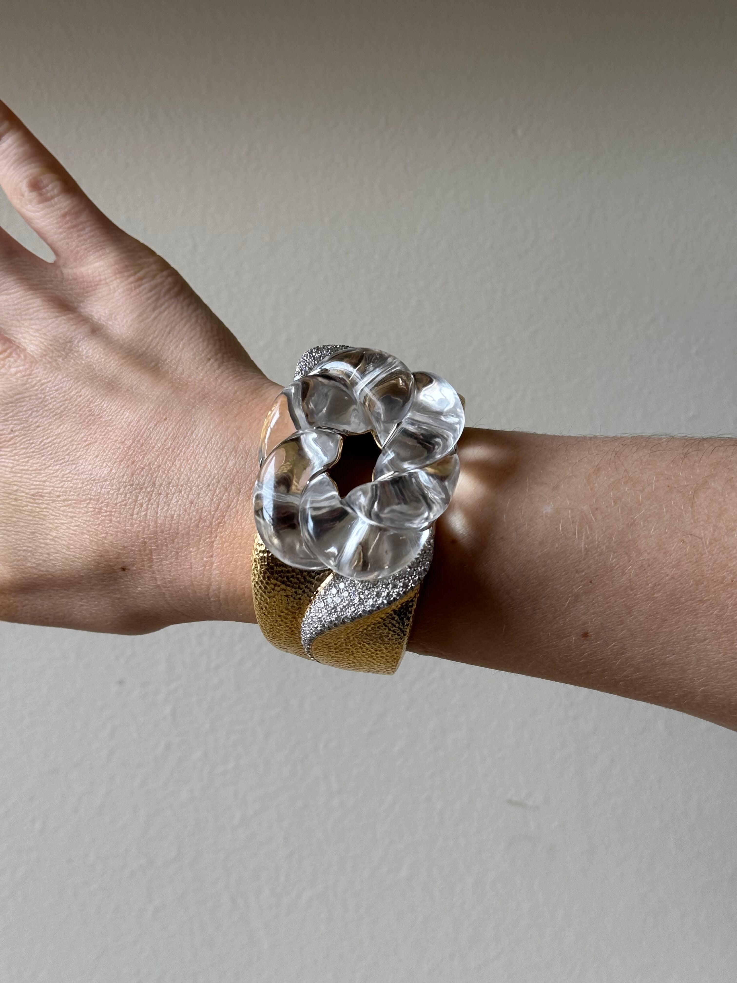 David Webb Carved Crystal Diamond Gold Platinum Cuff Bracelet