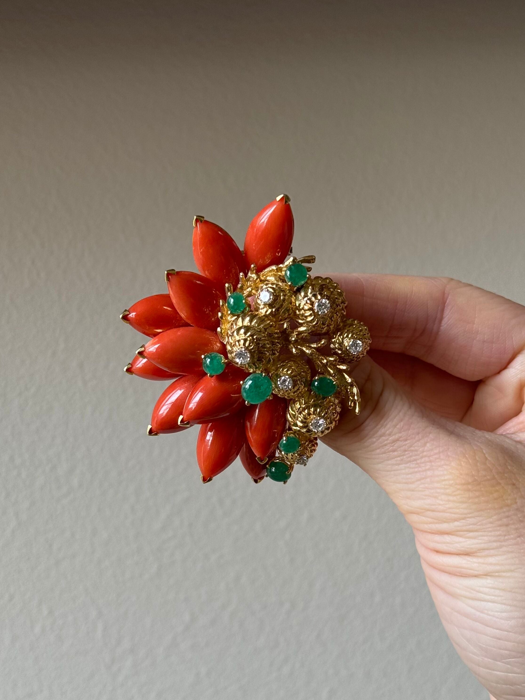 1970s Coral Emerald Diamond Gold Earrings Brooch Set