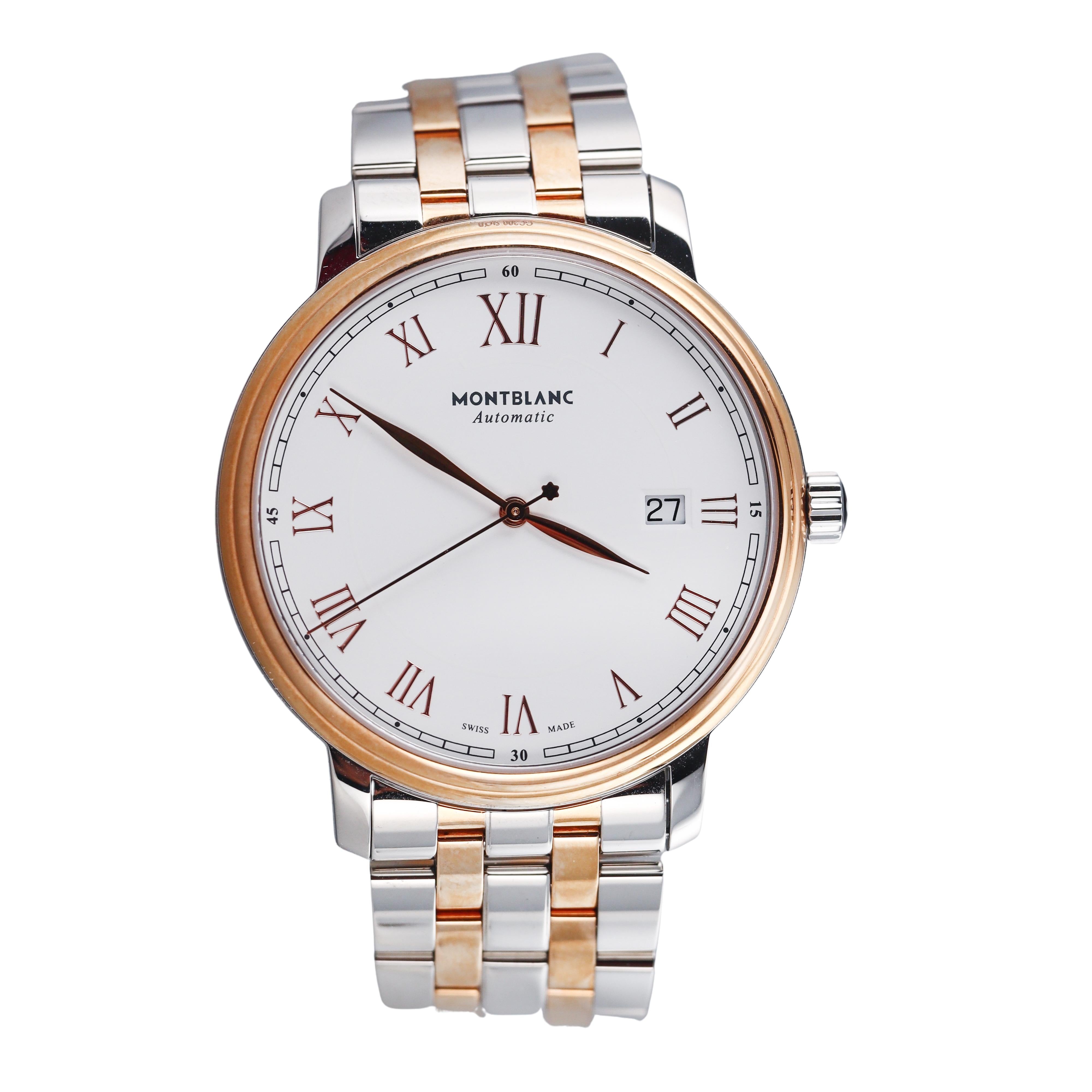 Montblanc Tradition Automatic Rose Gold Steel Silver Dial Watch 114337