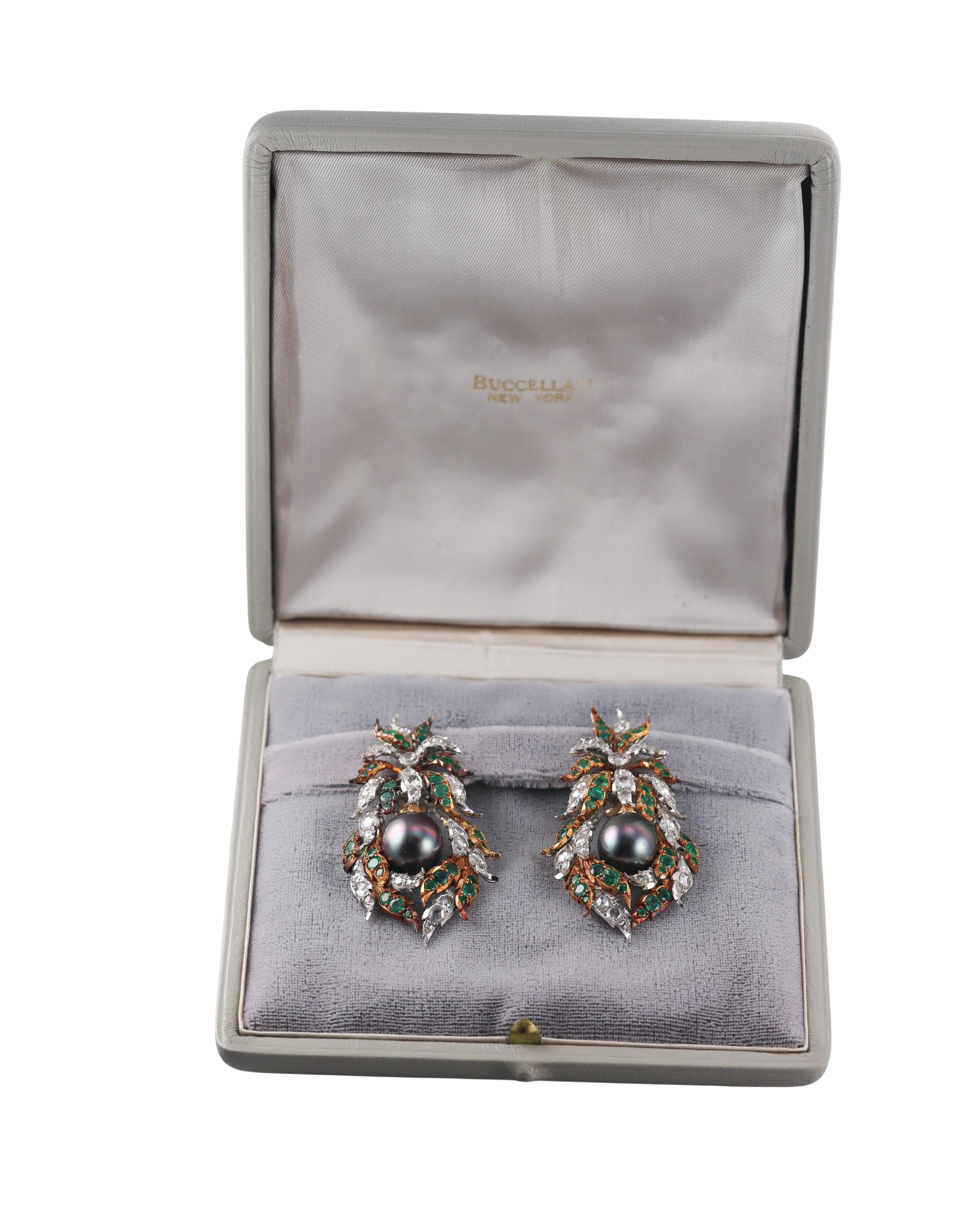 Buccellati Black South Sea Pearl Emerald Diamond Gold Earrings