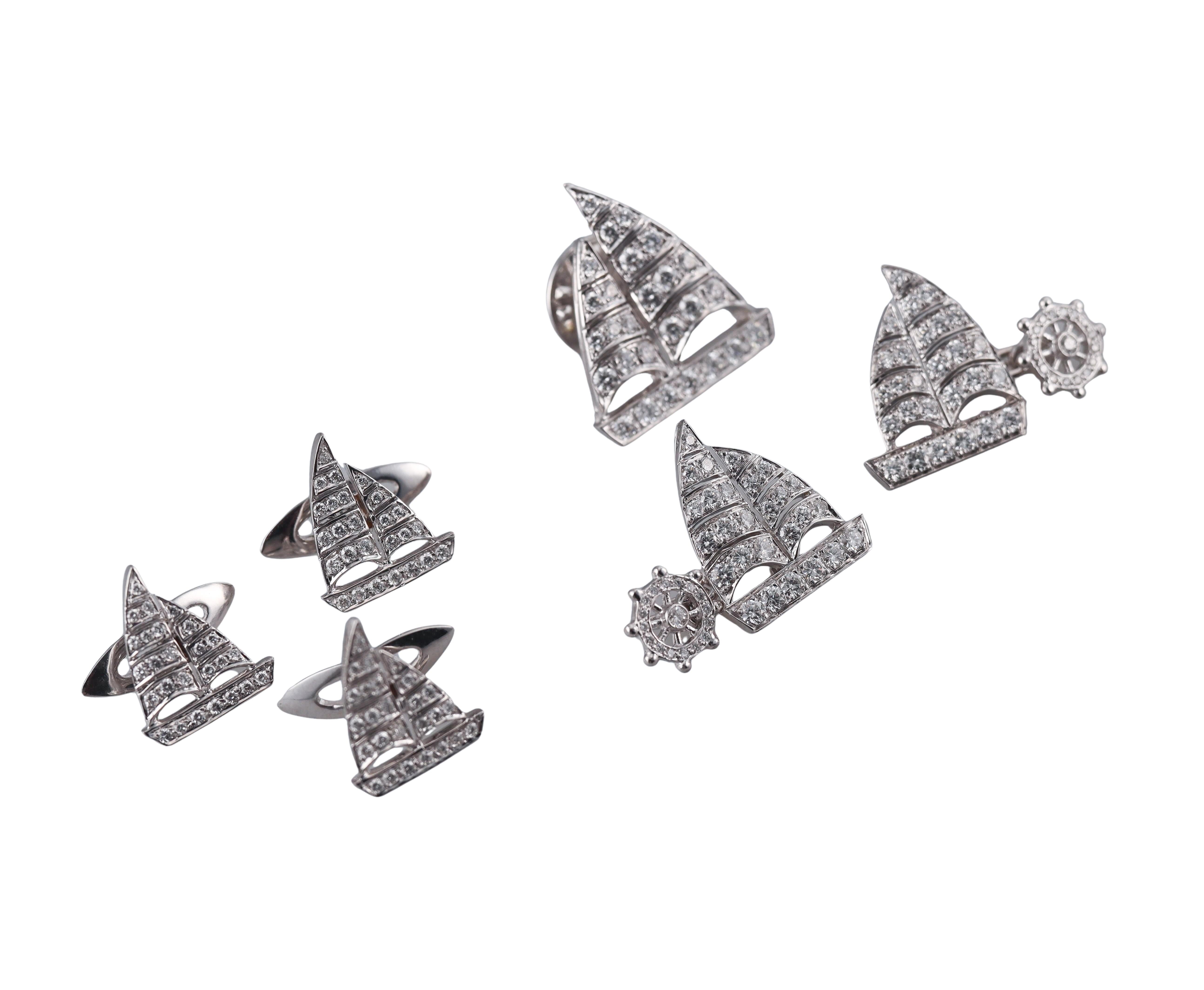 Diamond Platinum Gold Sailboat Cufflinks Stud Pin Tuxedo Dress Set