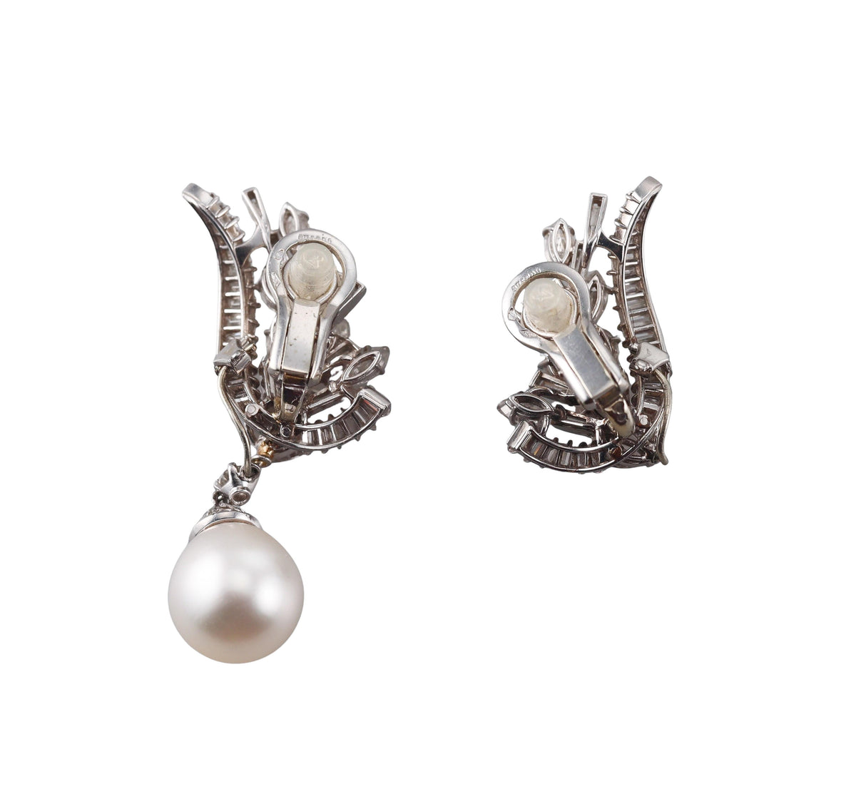 French Mid Century Diamond Pearl Platinum Night & Day Earrings