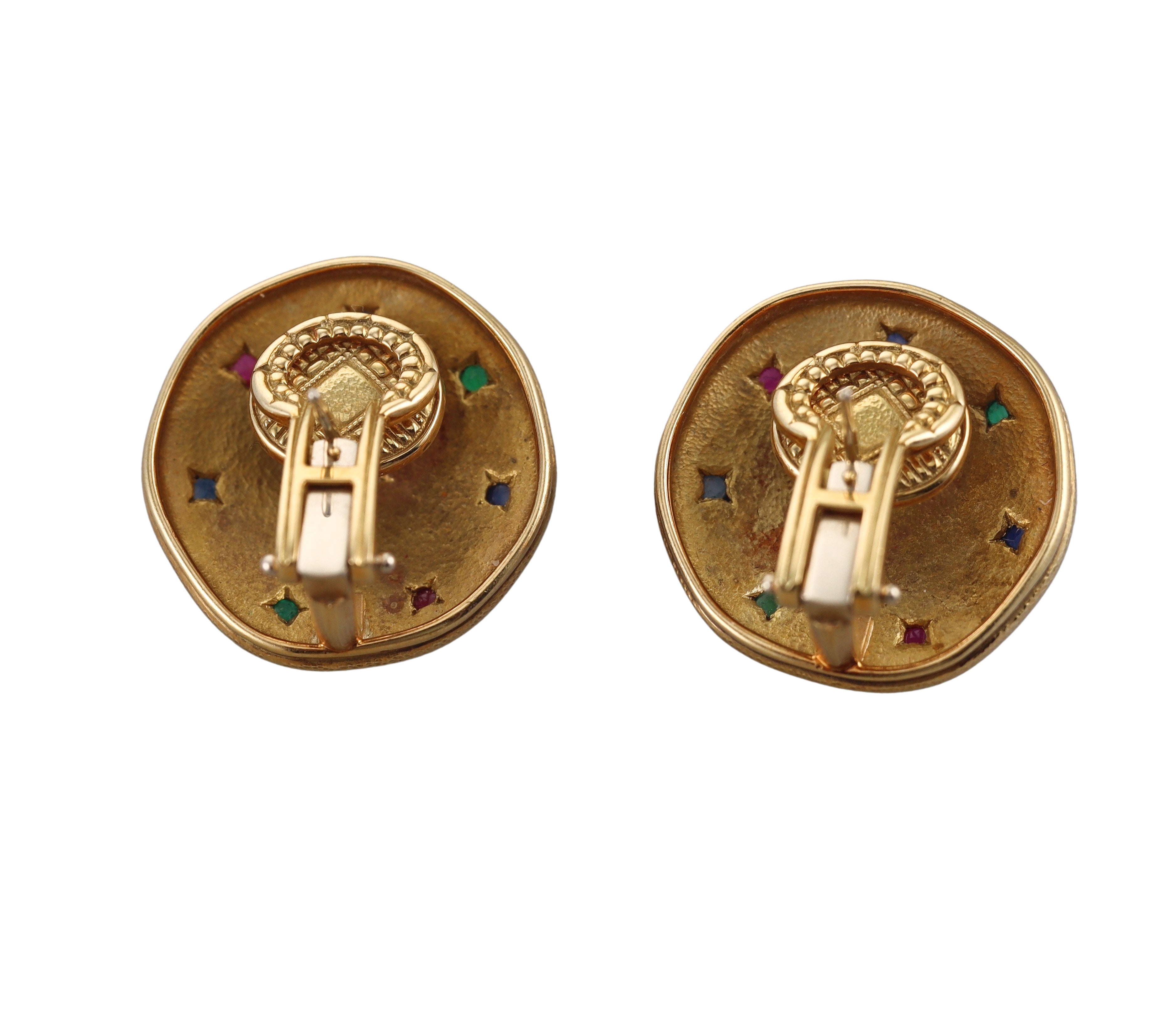 Alex Sepkus Aztec Ruby Emerald Sapphire Diamond Gold Earrings