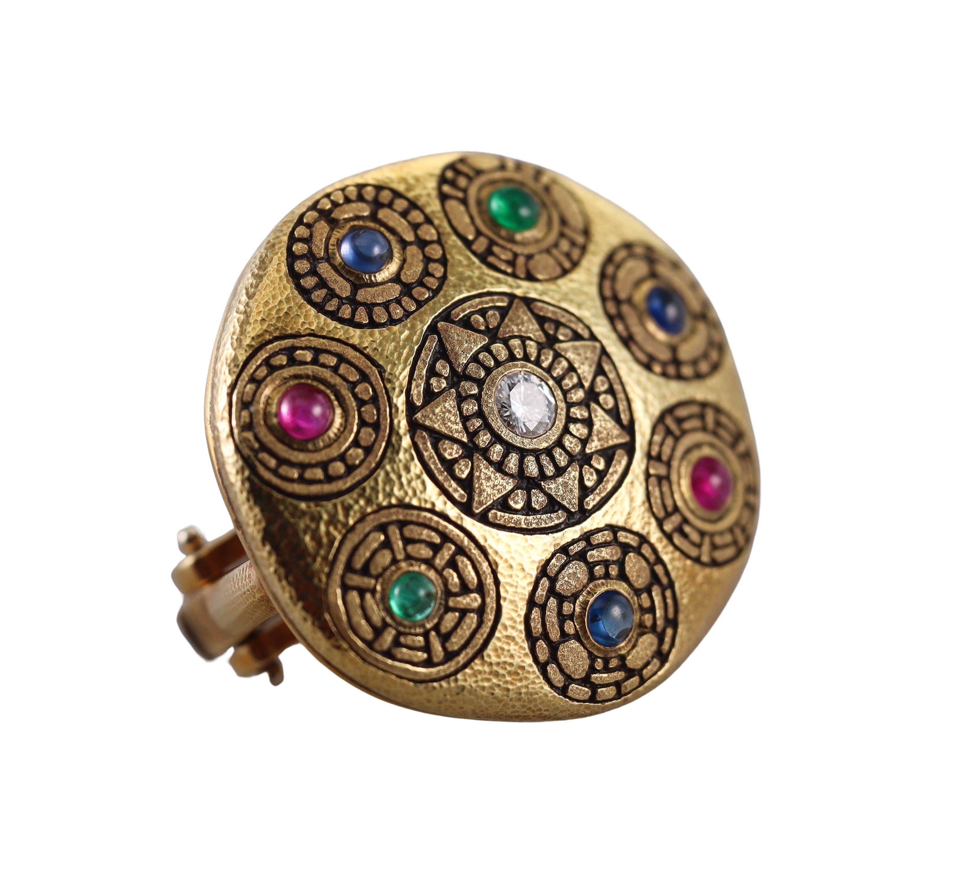 Alex Sepkus Aztec Ruby Emerald Sapphire Diamond Gold Earrings