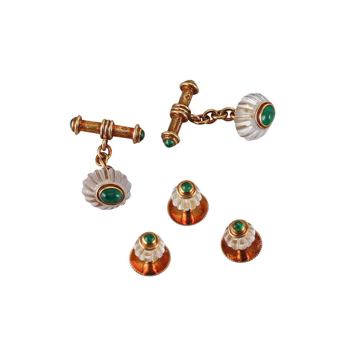 Asprey Crystal Emerald Gold Cufflinks Stud Set