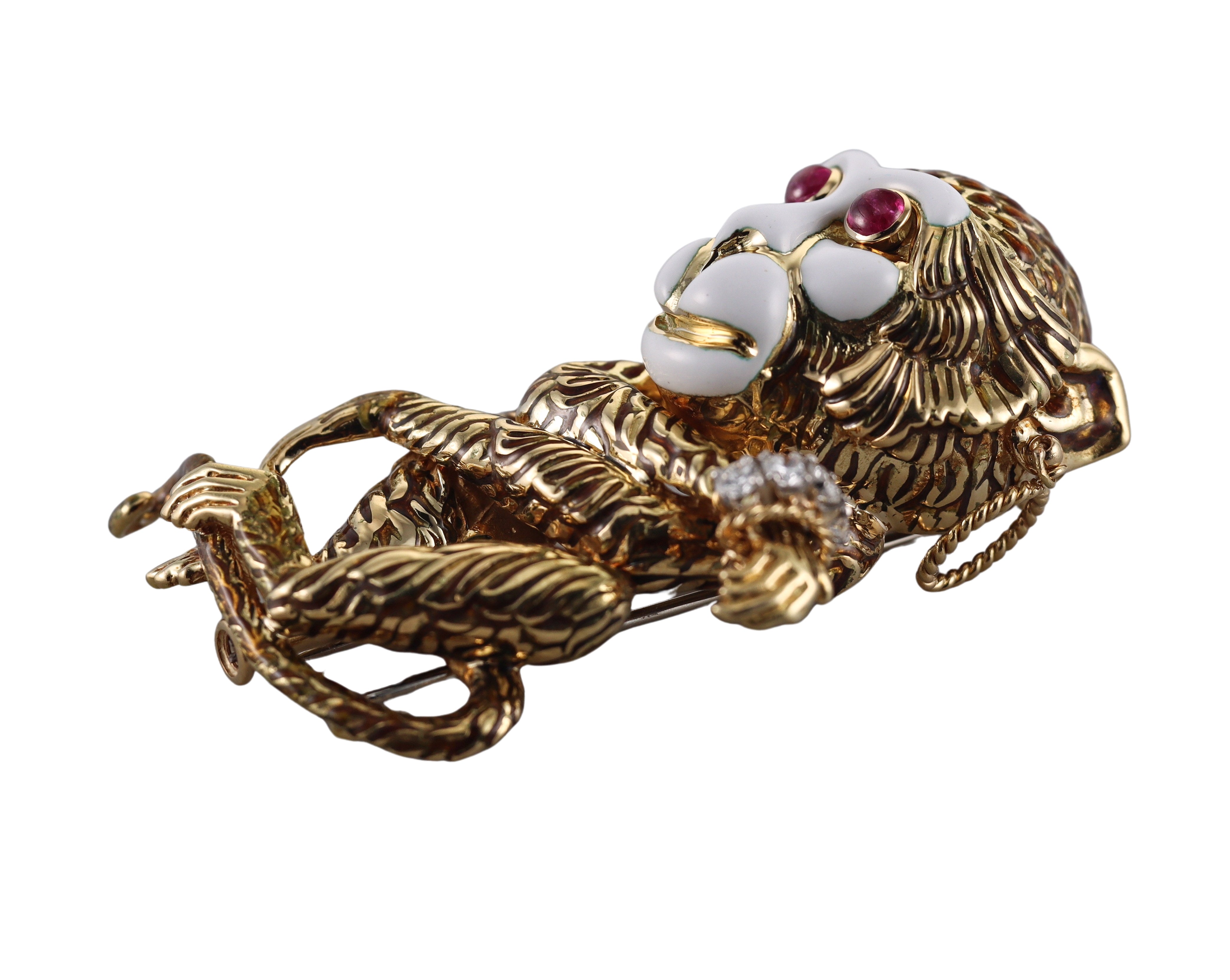 David Webb Diamond Ruby Enamel Gold Platinum Gypsy Monkey Brooch Pin