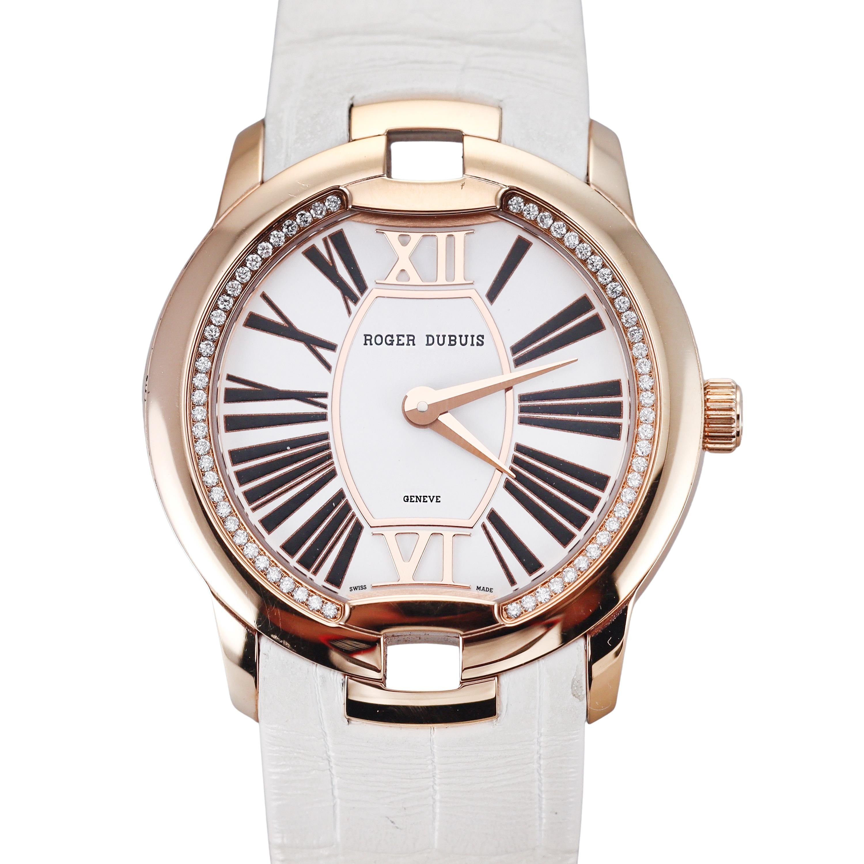 Roger Dubuis Velvet Rose Gold Diamond White Leather Strap Watch DBVE0069