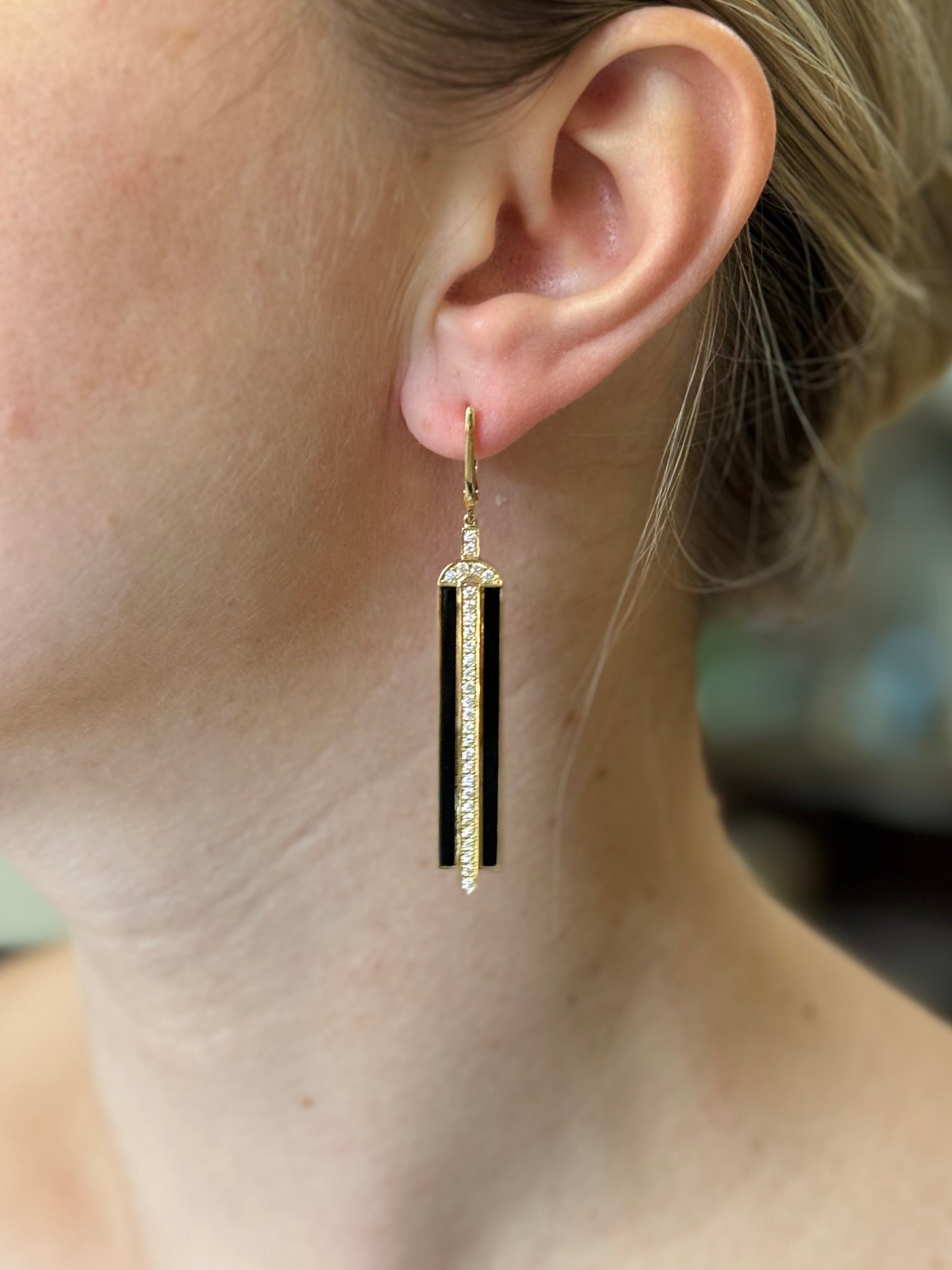 Doves Doron Paloma Diamond Onyx Gold Drop Earrings