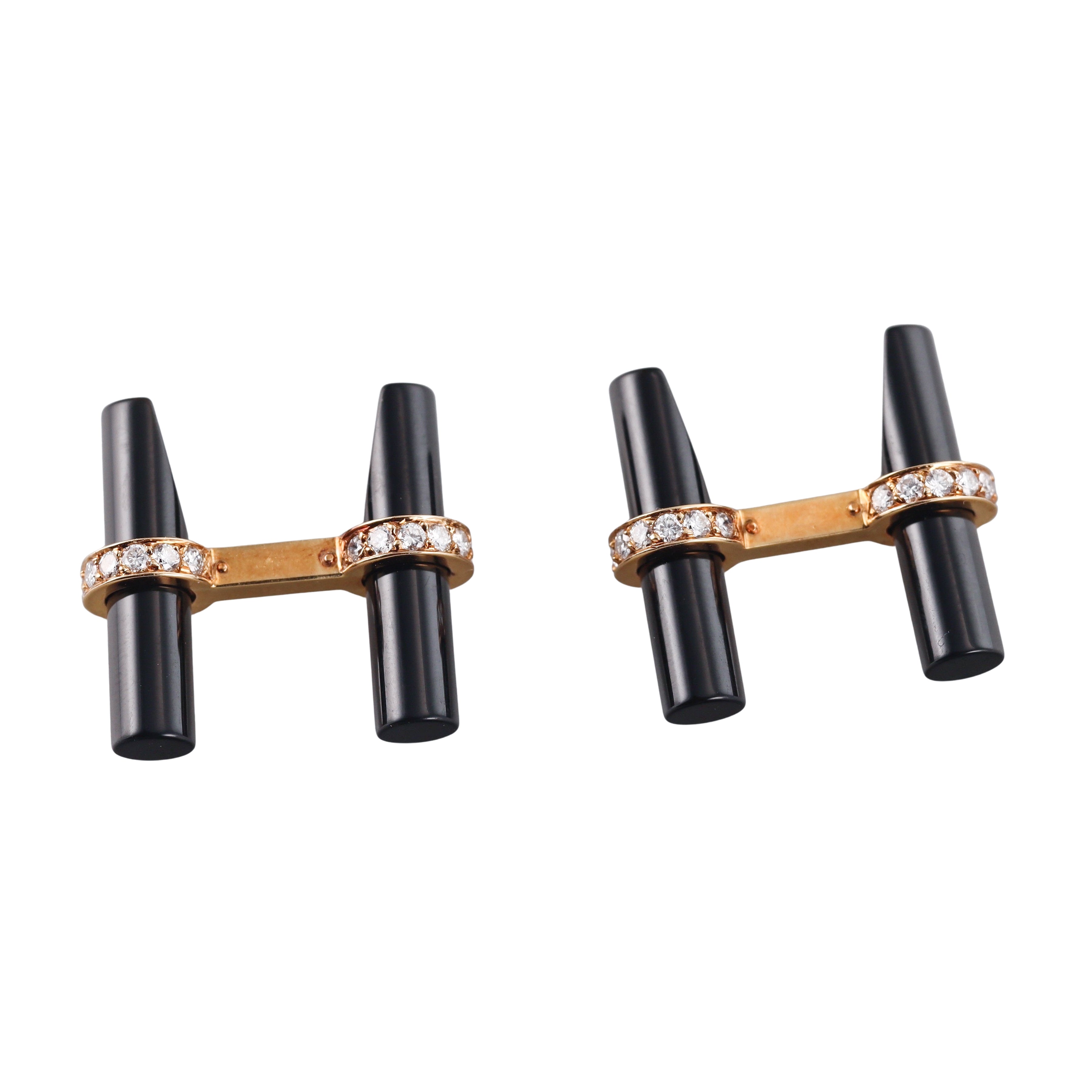 Cartier Onyx Diamond Yellow Gold Bar Cufflinks