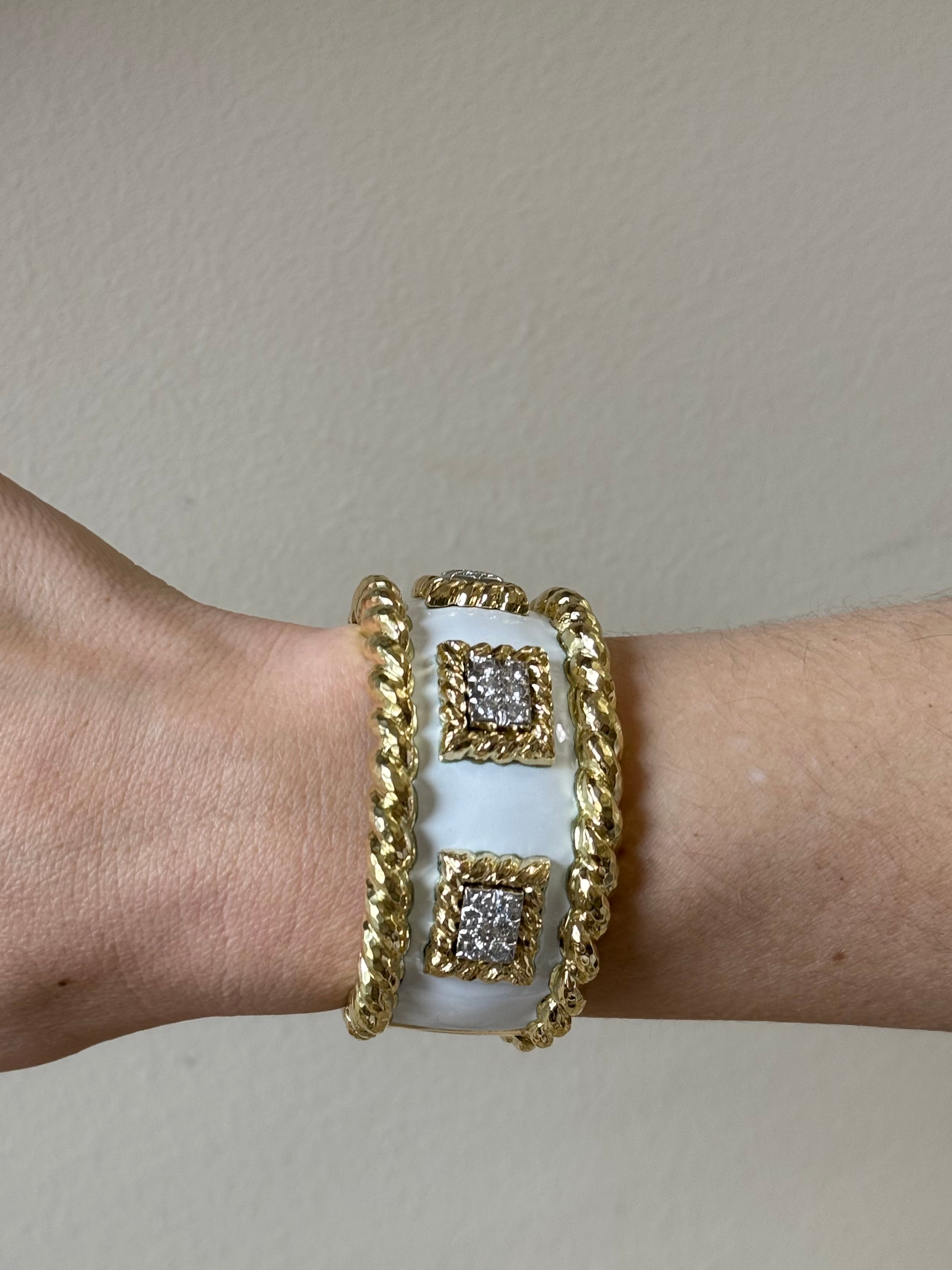 David Webb Diamond Enamel Gold Platinum Cuff Bracelet