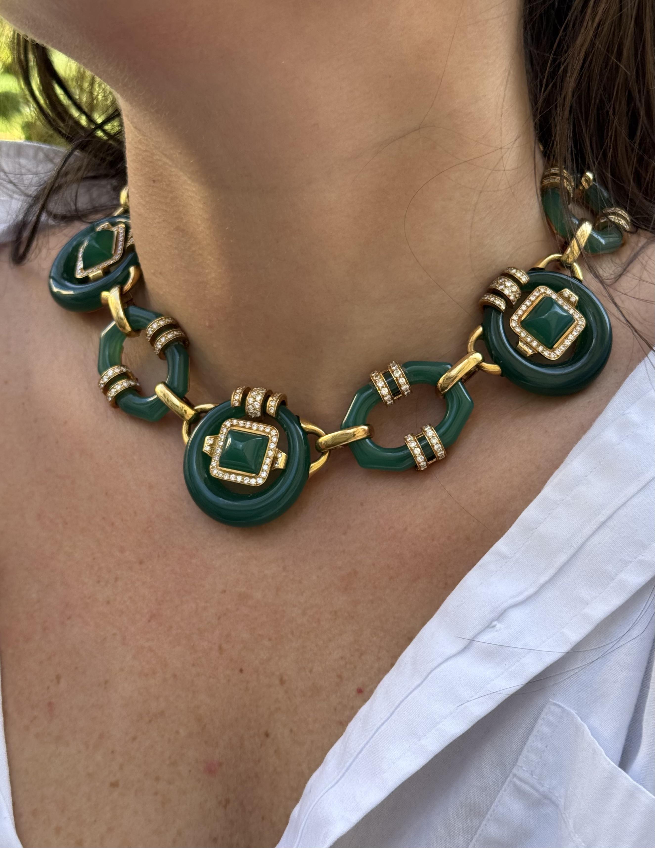 David Webb Chrysoprase Diamond Gold Necklace