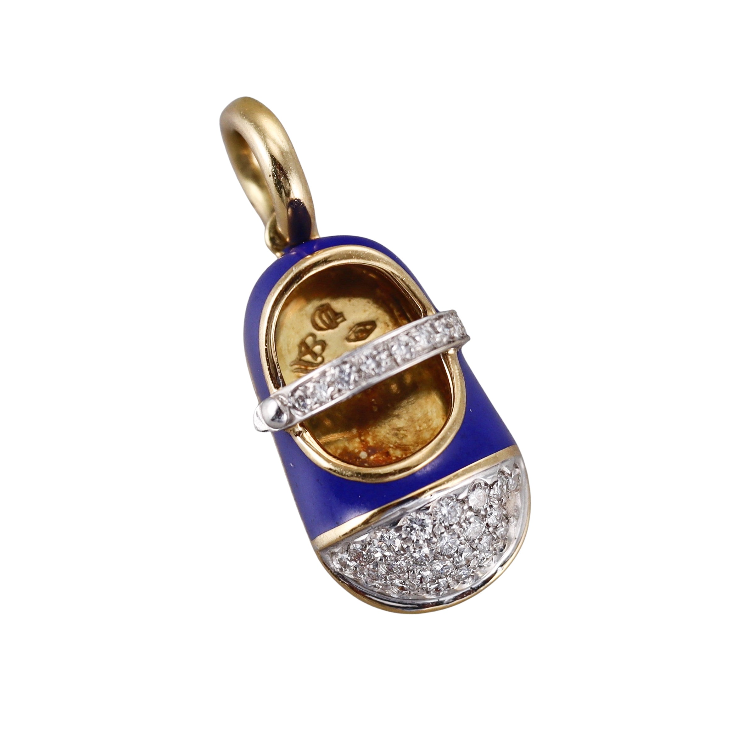 Aaron Basha Blue Enamel Diamond Gold Baby Shoe Pendant