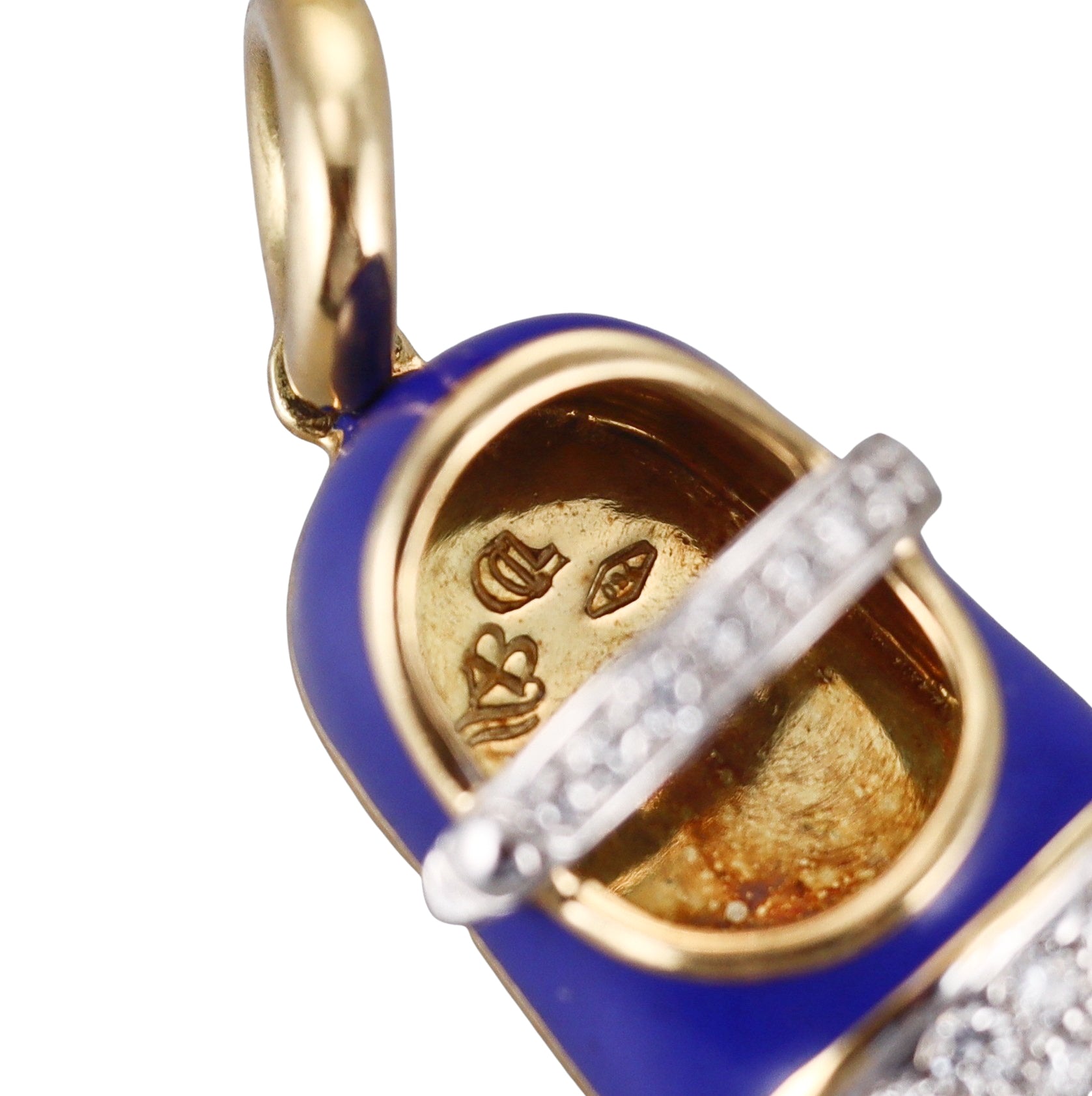 Aaron Basha Blue Enamel Diamond Gold Baby Shoe Pendant