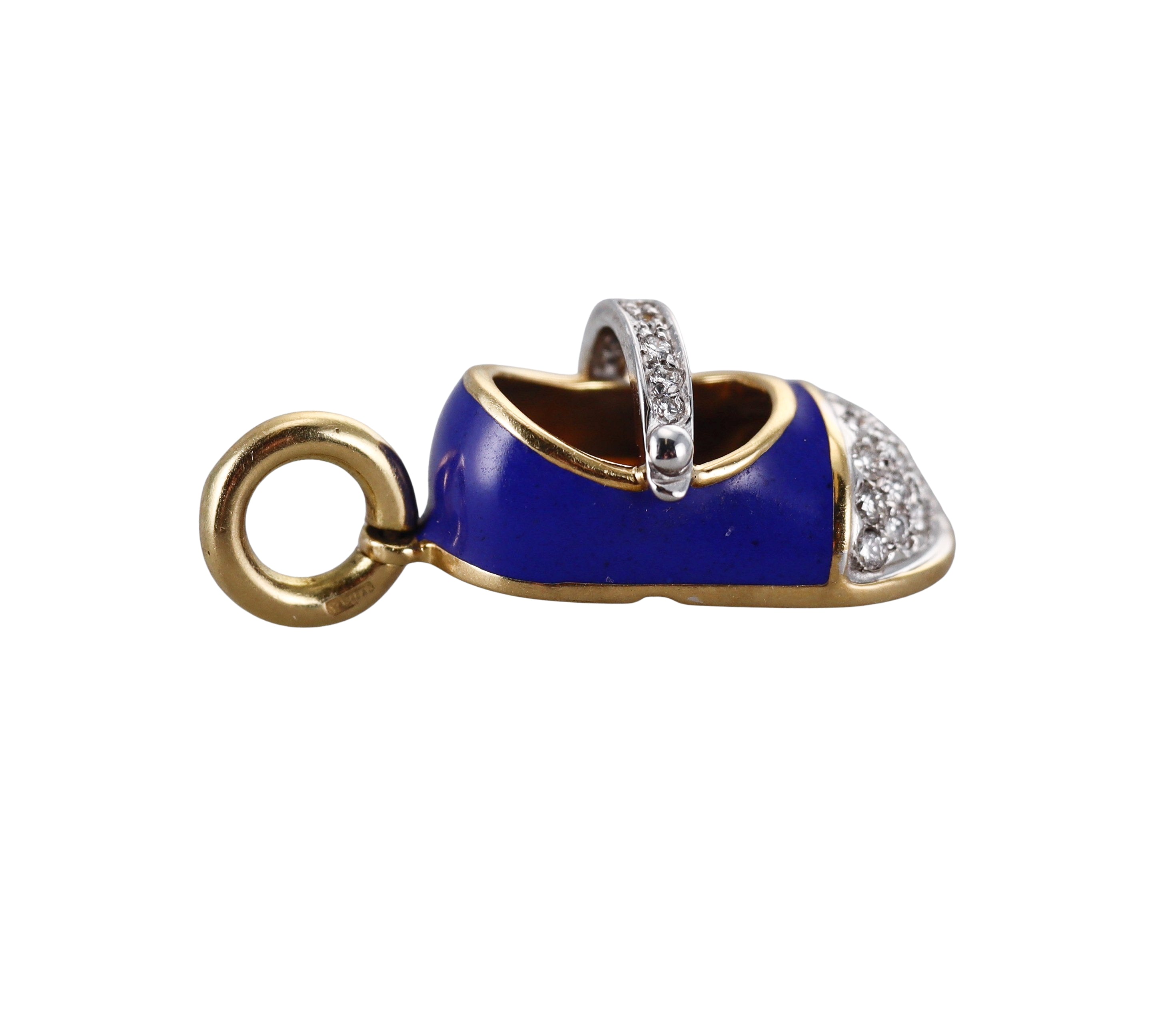Aaron Basha Blue Enamel Diamond Gold Baby Shoe Pendant