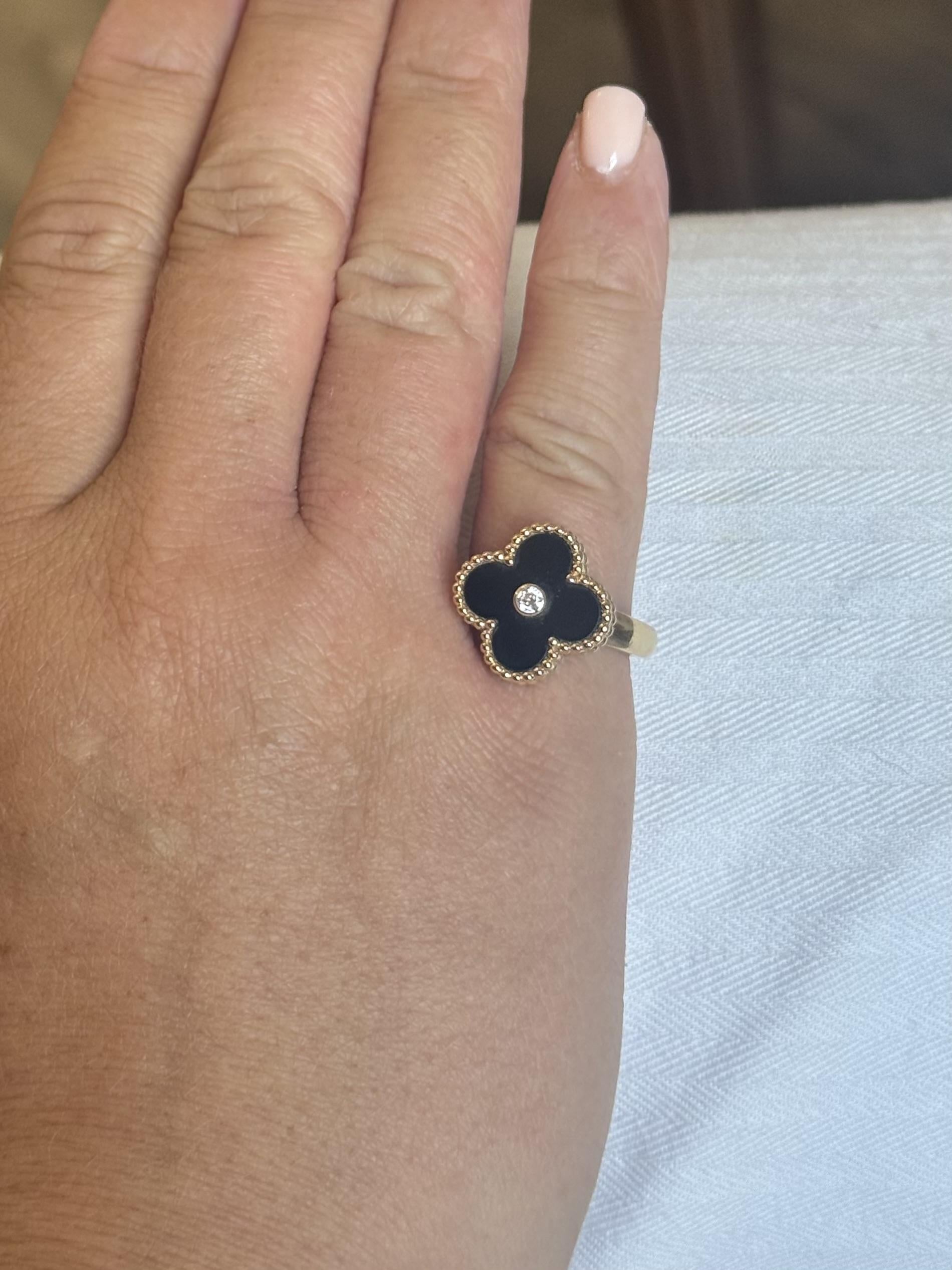 Van Cleef & Arpels Vintage Alhambra Onyx Diamond Gold Ring