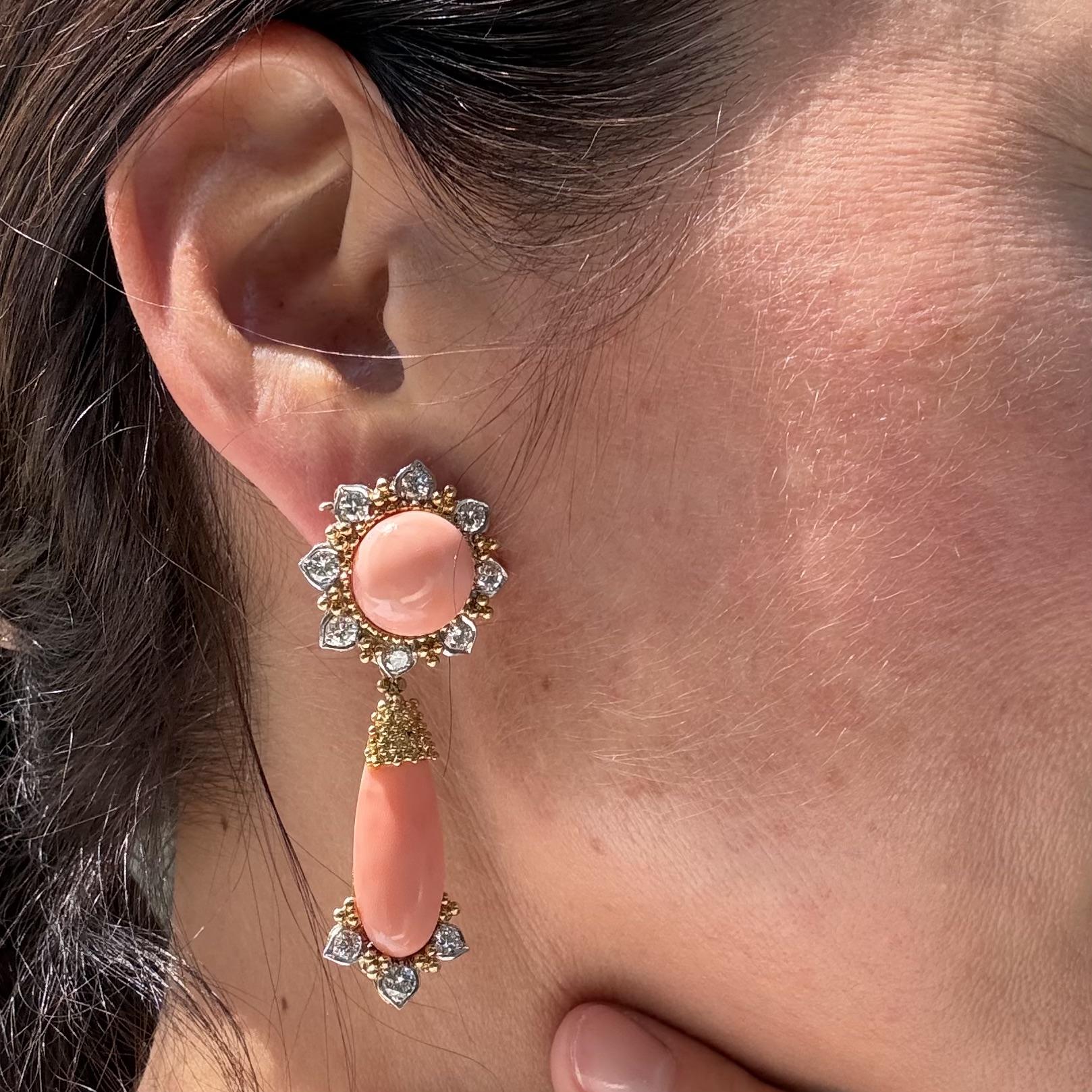 Vintage Coral Diamond Gold Night & Day Cocktail Earrings